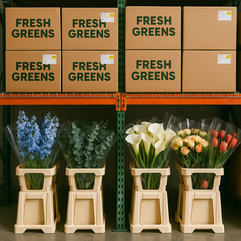 Flowers and green boxes labeled 'Fresh Greens' on a store shelf.