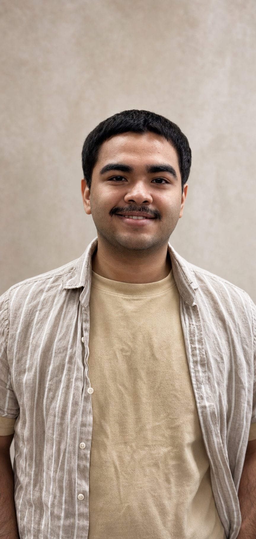 A young man with dark hair, a light mustache, wearing a beige t-shirt and an open beige striped shirt, smiling at the camera against a neutral background.