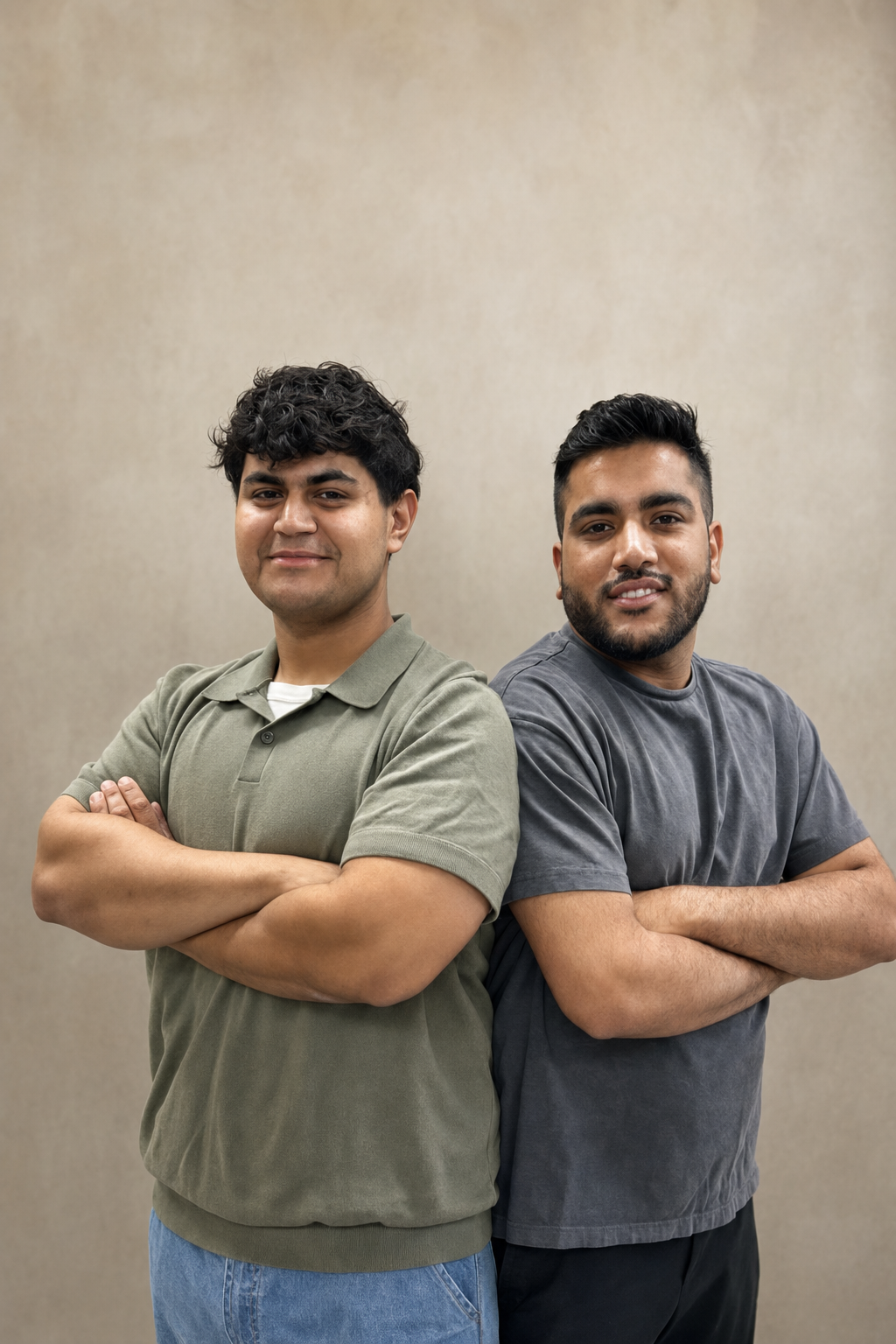 Two young men standing with arms crossed in front of a plain beige wall, smiling at the camera.