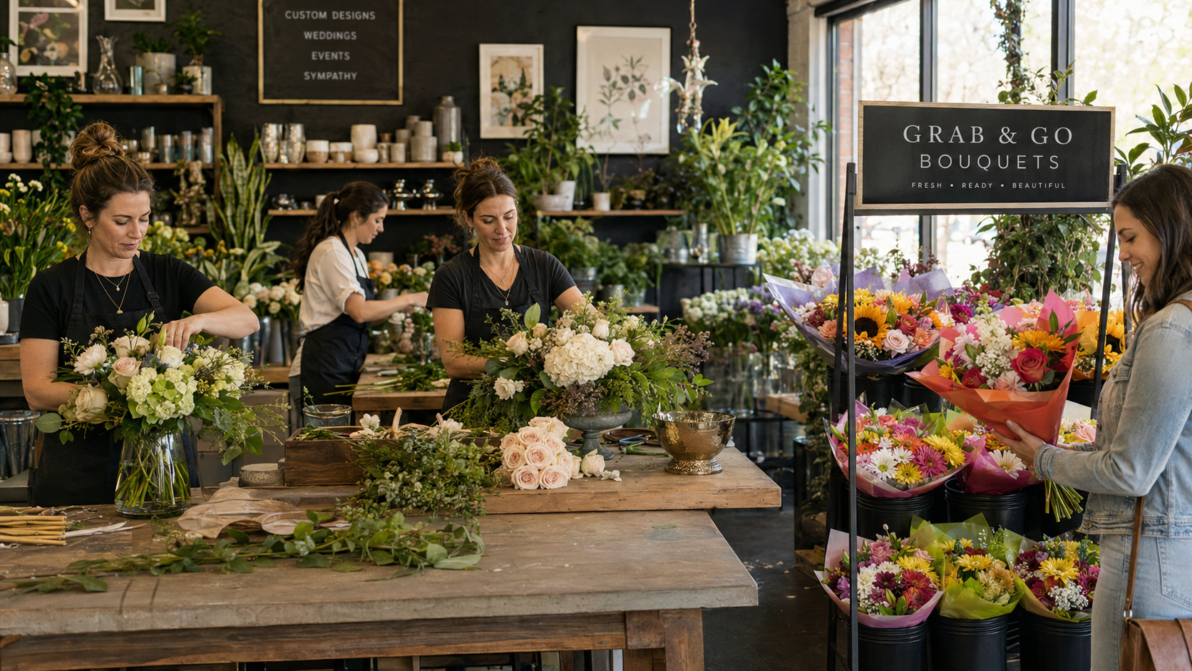 Women arranging floral bouquets in a flower shop with a display of colorful flowers for sale.