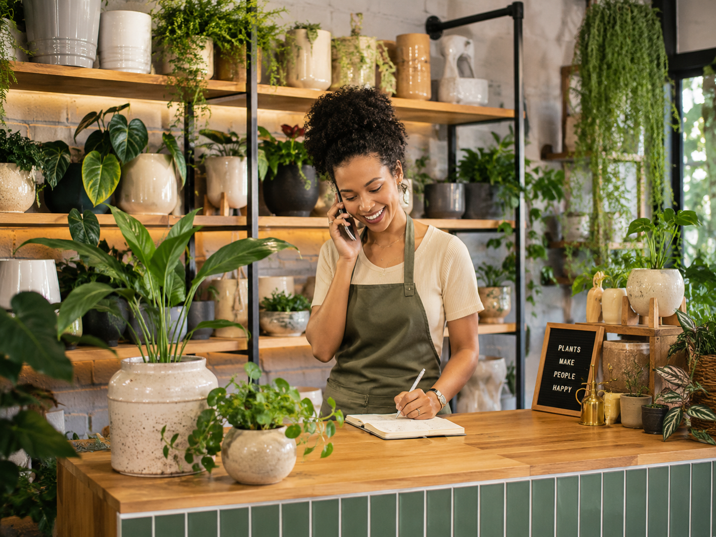 A smiling woman in a beige shirt and green apron is talking on her phone and taking notes in a notebook while standing at a wooden counter in a plant shop or nursery surrounded by various potted green plants and decorative items.