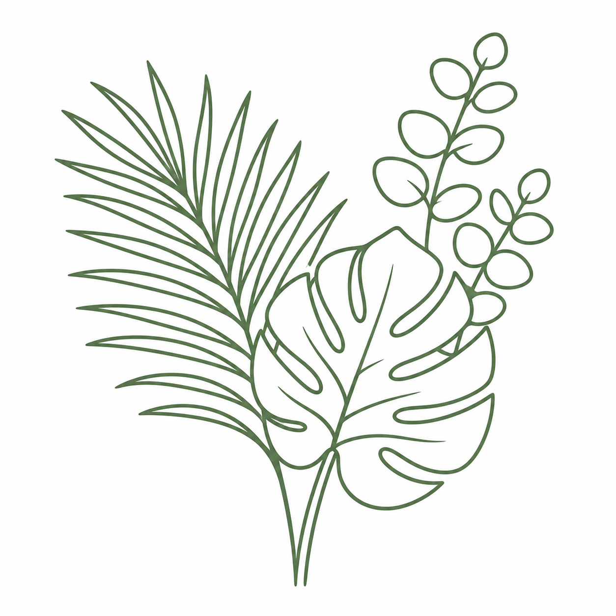 Line drawing of assorted tropical leaves, including palm, monstera, and eucalyptus.