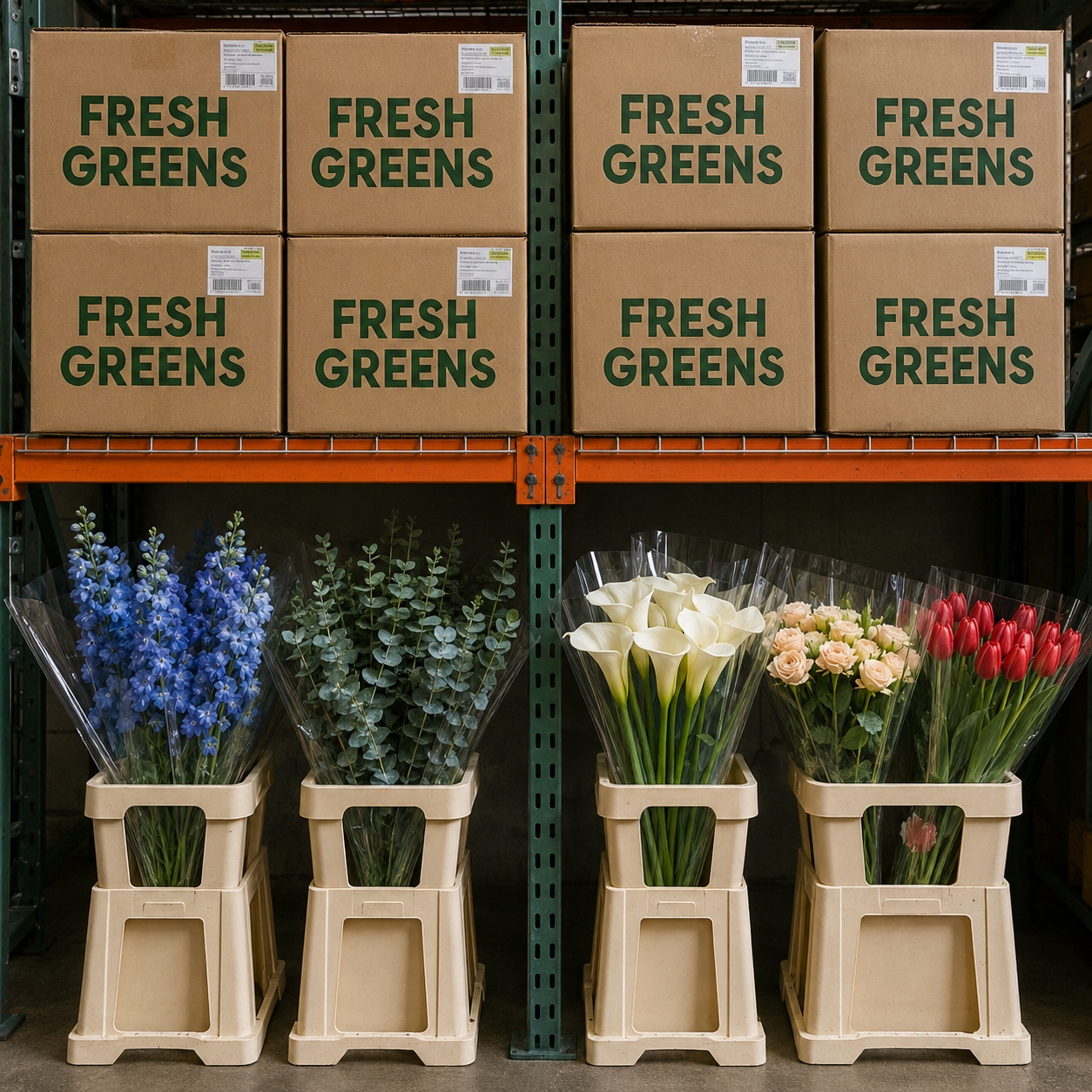 Shelving unit in a store with boxes labeled 'Fresh Greens' on top and three bouquets of flowers (blue, white, pink) in plastic wrapping on small white stands below.
