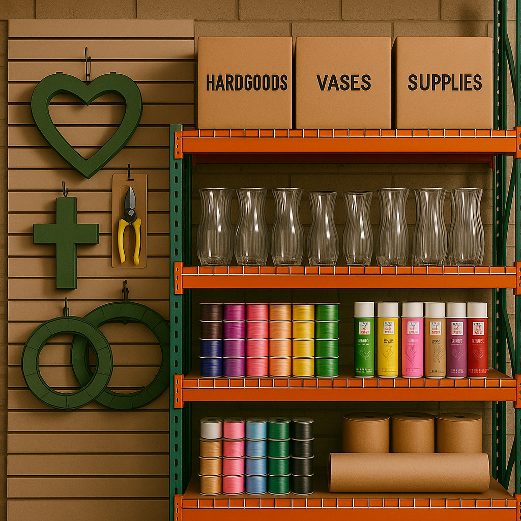 Shelving unit with boxes labeled 'Hardgoods,' 'Vases,' and 'Supplies,' empty glass vases, colorful rolls of ribbon or tape, green and white bottles of glue, and brown cardboard tubes, with hanging green decorative pieces on a slatwall