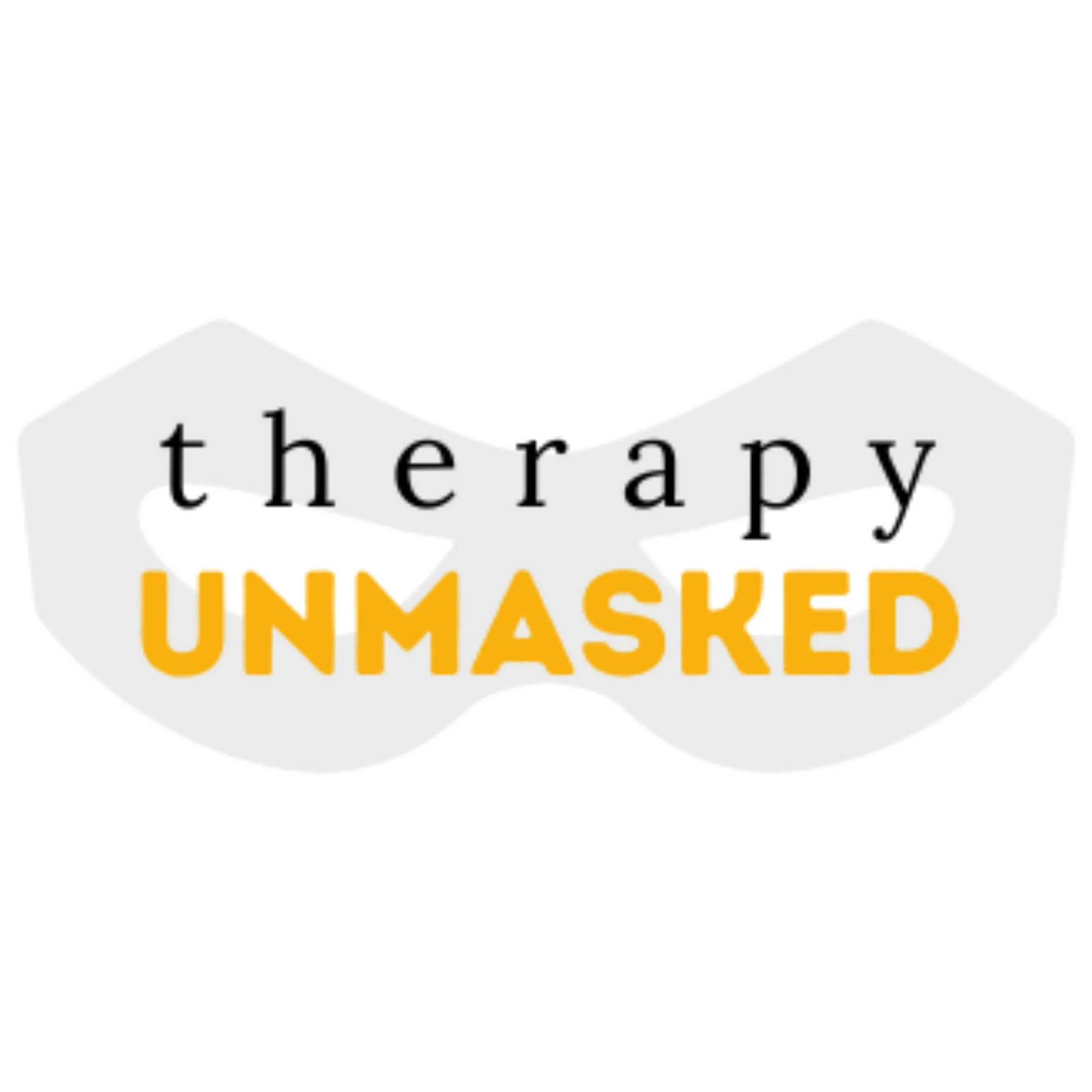 Close-up of a sticker with the words 'therapy UNMASKED' in black and orange text on a white background.