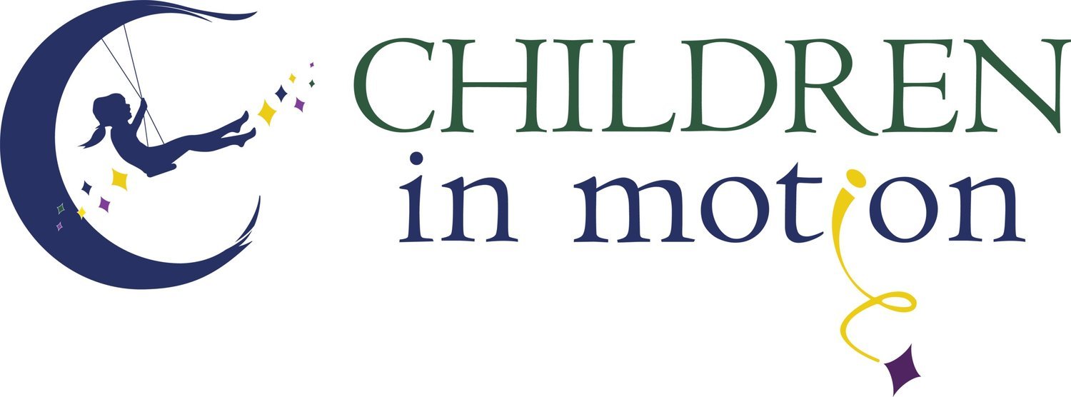 Logo for Children in Motion featuring a girl on a swing sitting inside a crescent moon with stars, and the words 'Children in Motion' in green and blue text.