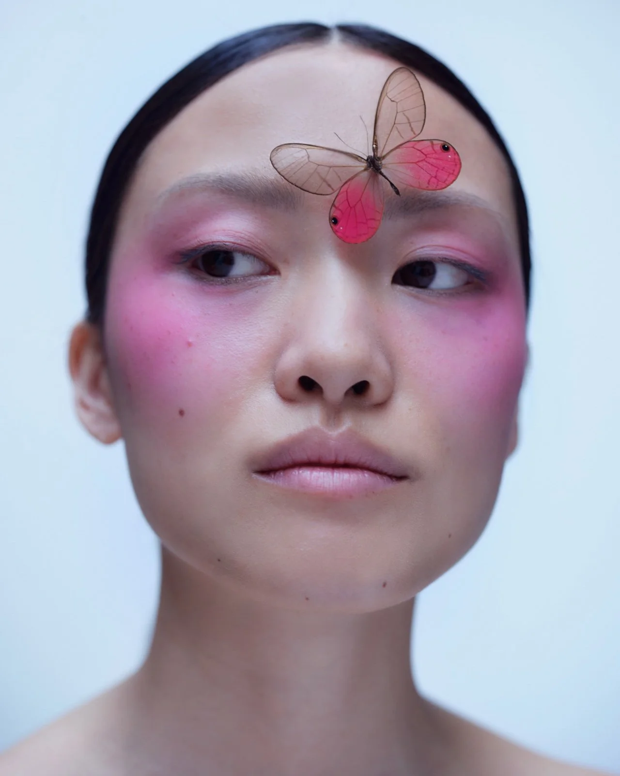 A portrait of a woman with makeup and a large pink and transparent butterfly on her forehead.