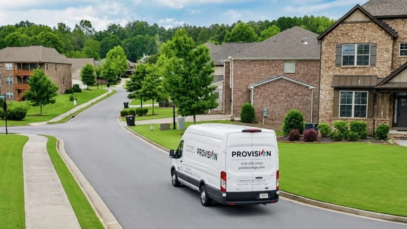 Provision Property Restoration emergency response van driving through an Atlanta, GA neighborhood.