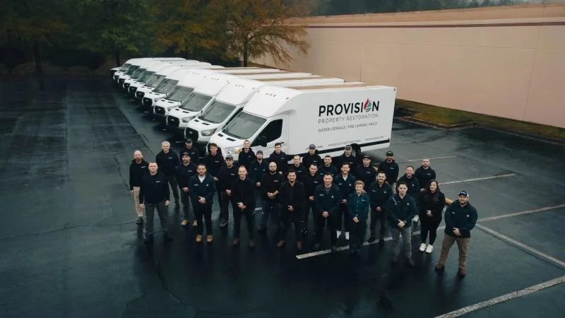 Thirty members of the Provision sewage cleanup team stands next to their emergency response vans in Alpharetta, GA.