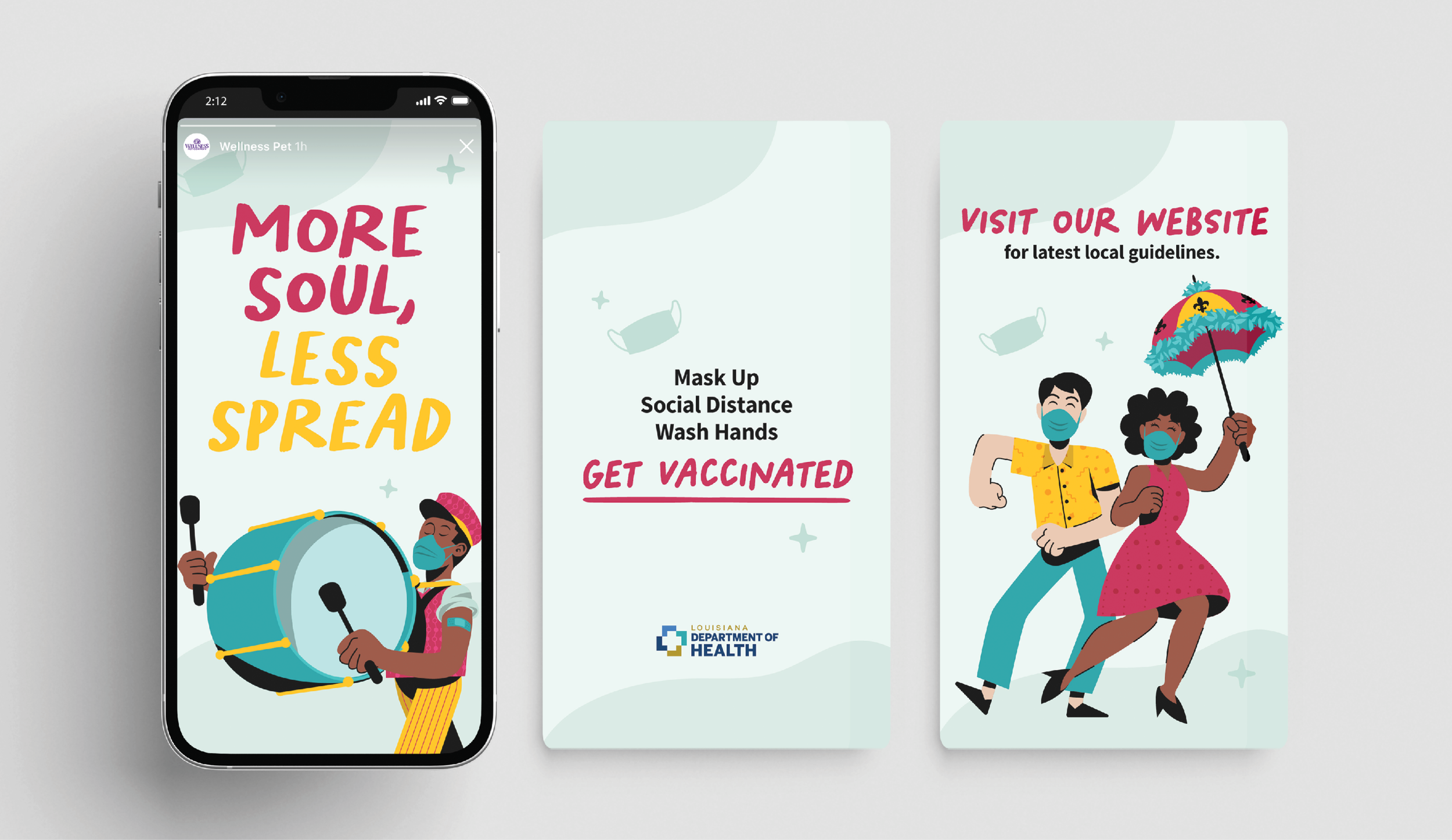 Public health awareness flyers and a smartphone displaying a campaign. The first flyer has the message 'More Soul, Less Spread' with an illustration of a person playing drums, wearing a mask. The second flyer emphasizes getting vaccinated, with guidance to mask up, keep social distance, wash hands, and visit the Louisiana Department of Health website. The third flyer encourages visiting the website for local guidelines, depicting two people dancing, wearing masks, with one holding an umbrella.