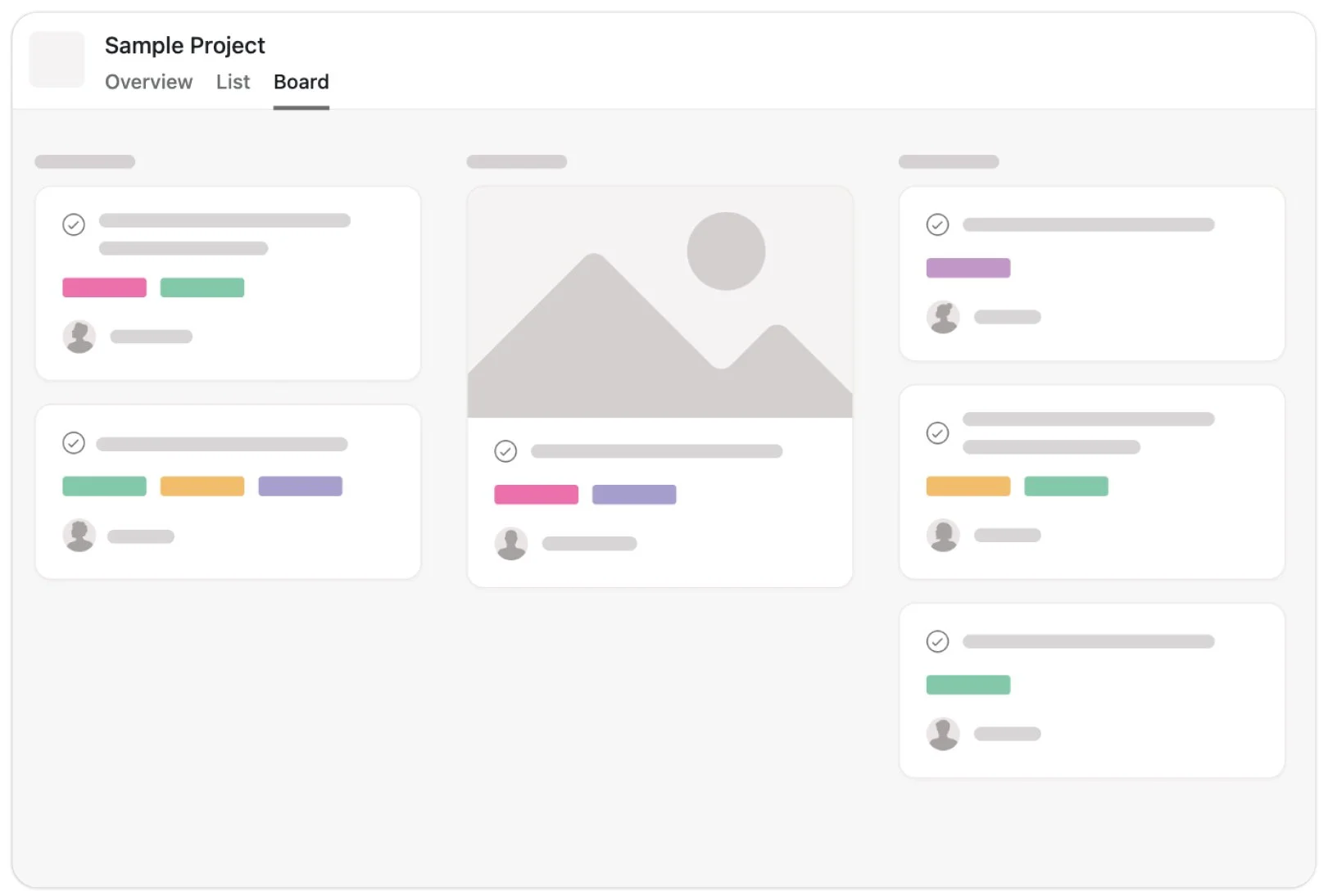 Screenshot of a project management board with cards featuring text, color-coded labels, icons, and avatars, arranged in columns labeled 'Overview,' 'List,' and 'Board'.