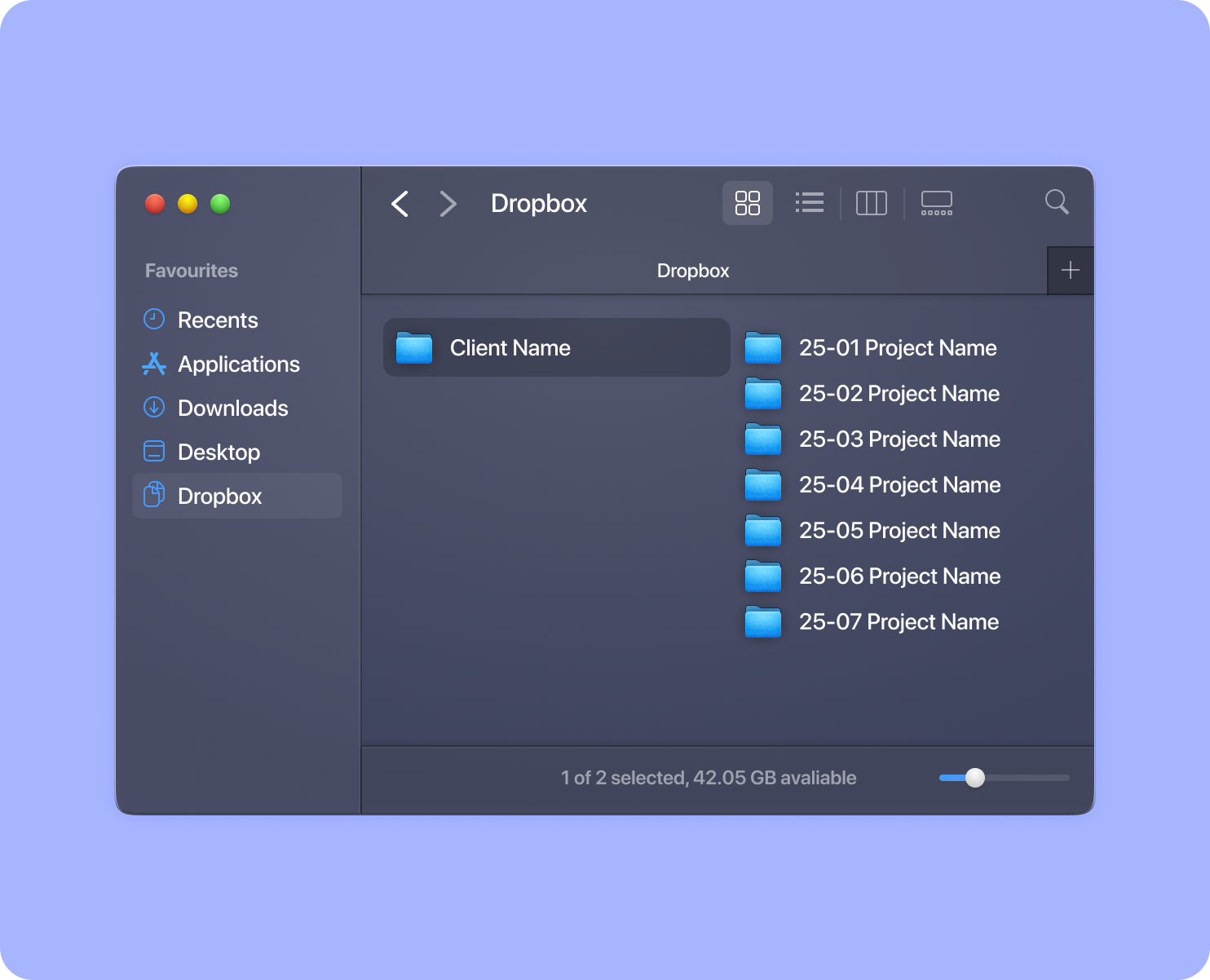 Screenshot of a computer file explorer window open to Dropbox folder with subfolders named by project numbers, on a blue background.