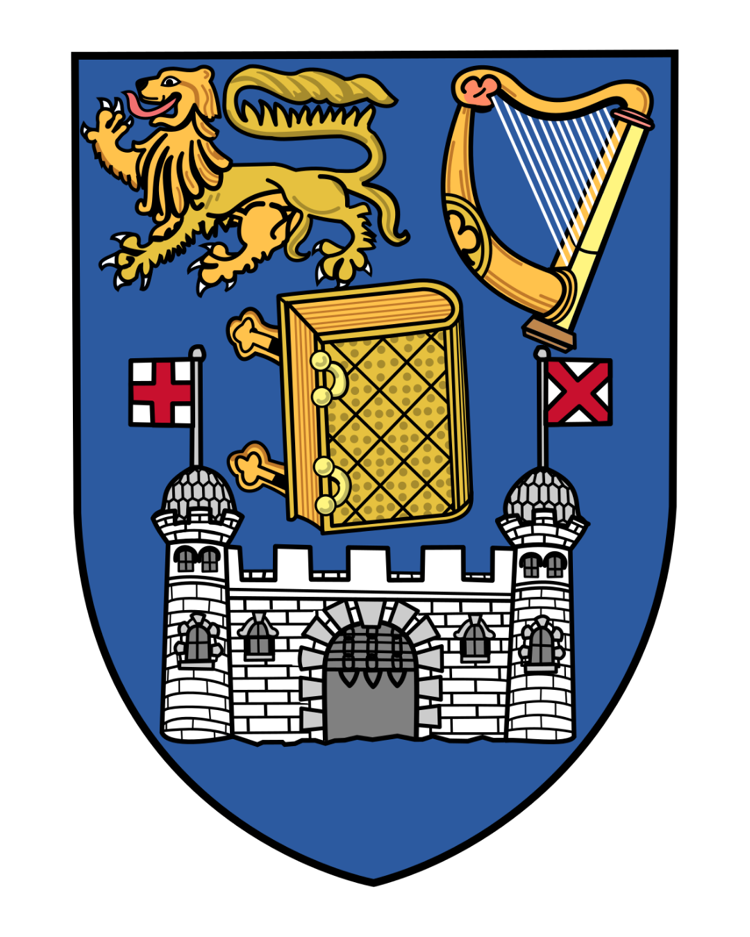 A coat of arms featuring a golden lion, a harp, a chest, and a castle with two towers, on a blue shield background.