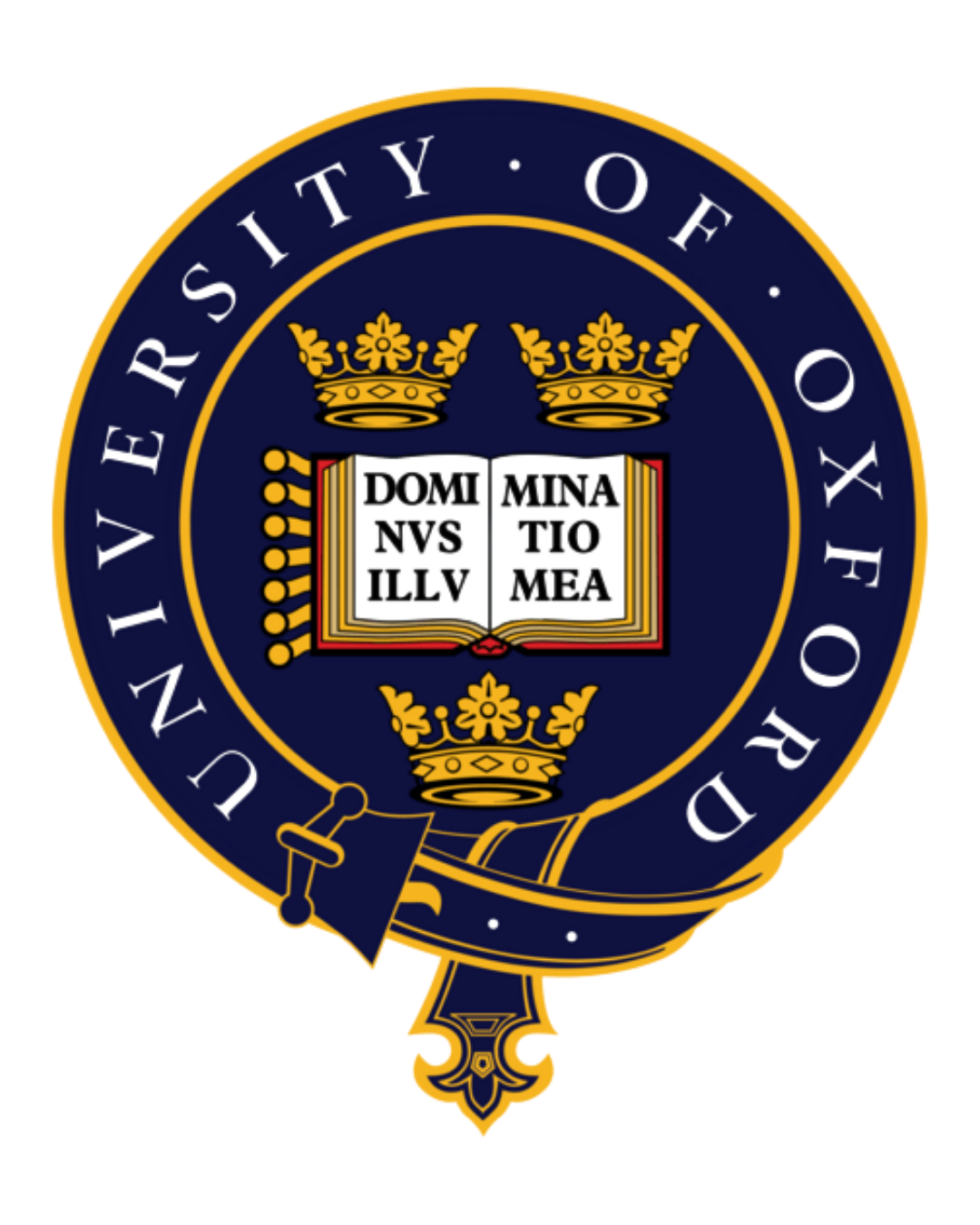 Seal of the University of Oxford featuring a dark blue background, gold border, crowns, an open book with Latin text, and a sword.