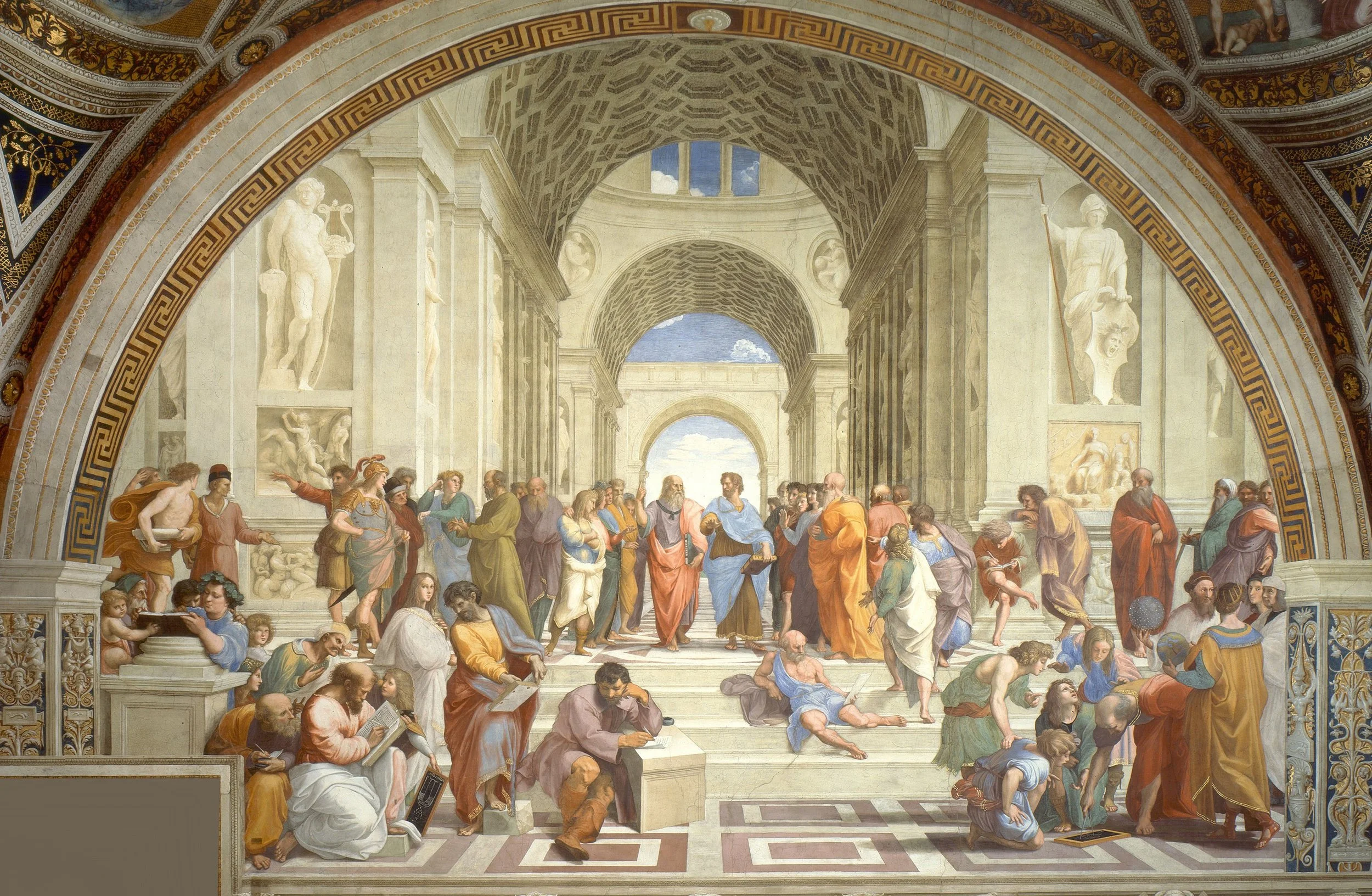 The Sistine Chapel ceiling frescoes, painted by Michelangelo, depict biblical scenes and figures, including the Last Judgment, with detailed human forms and vibrant colors.