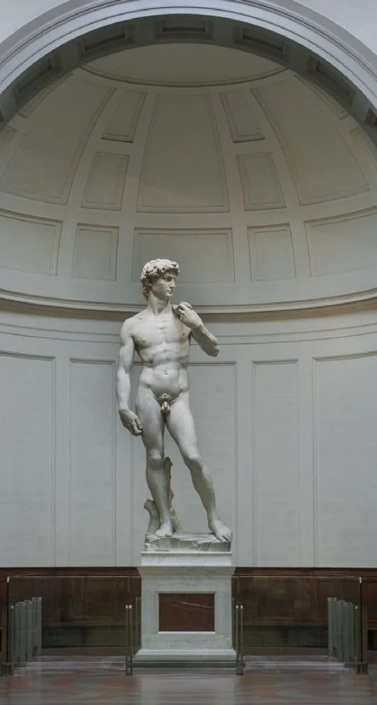 Statue of a standing male figure, in a museum setting, with a domed ceiling behind, displayed on a pedestal.