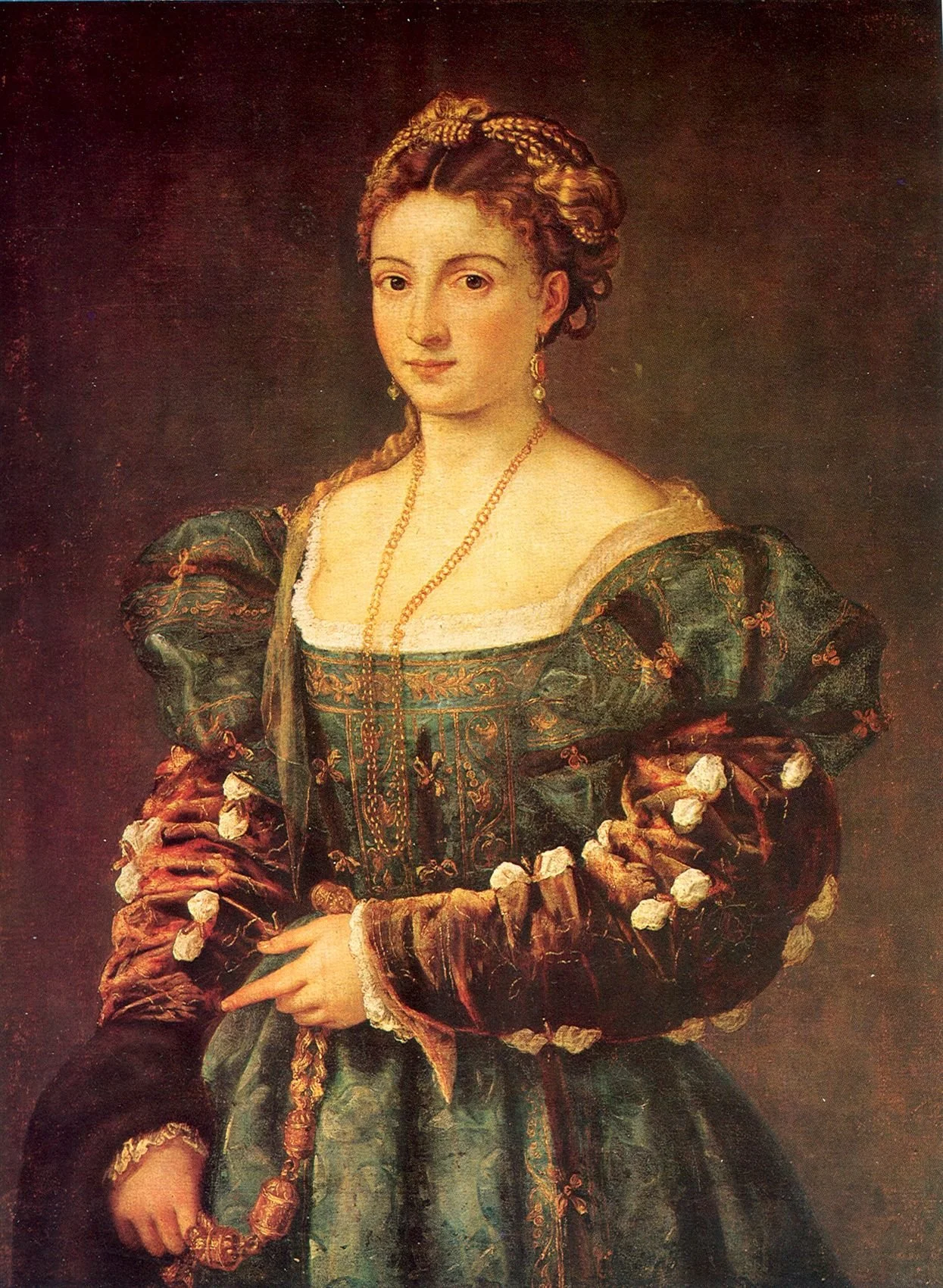 A portrait of a woman dressed in elaborate historical clothing with a green and gold embroidered dress, puffy sleeves decorated with white pom-poms, and jewelry including a necklace and earrings.