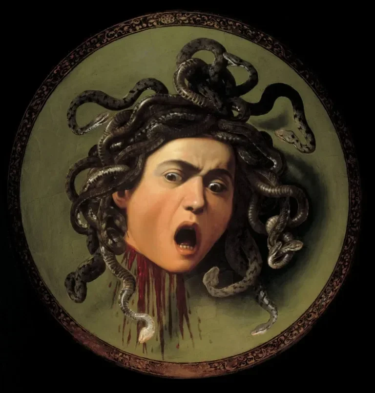 A classical painting of a woman with her head replaced by a Medusa-like head with serpents as hair, showing a facial expression of shock or fear, with blood dripping from her neck.