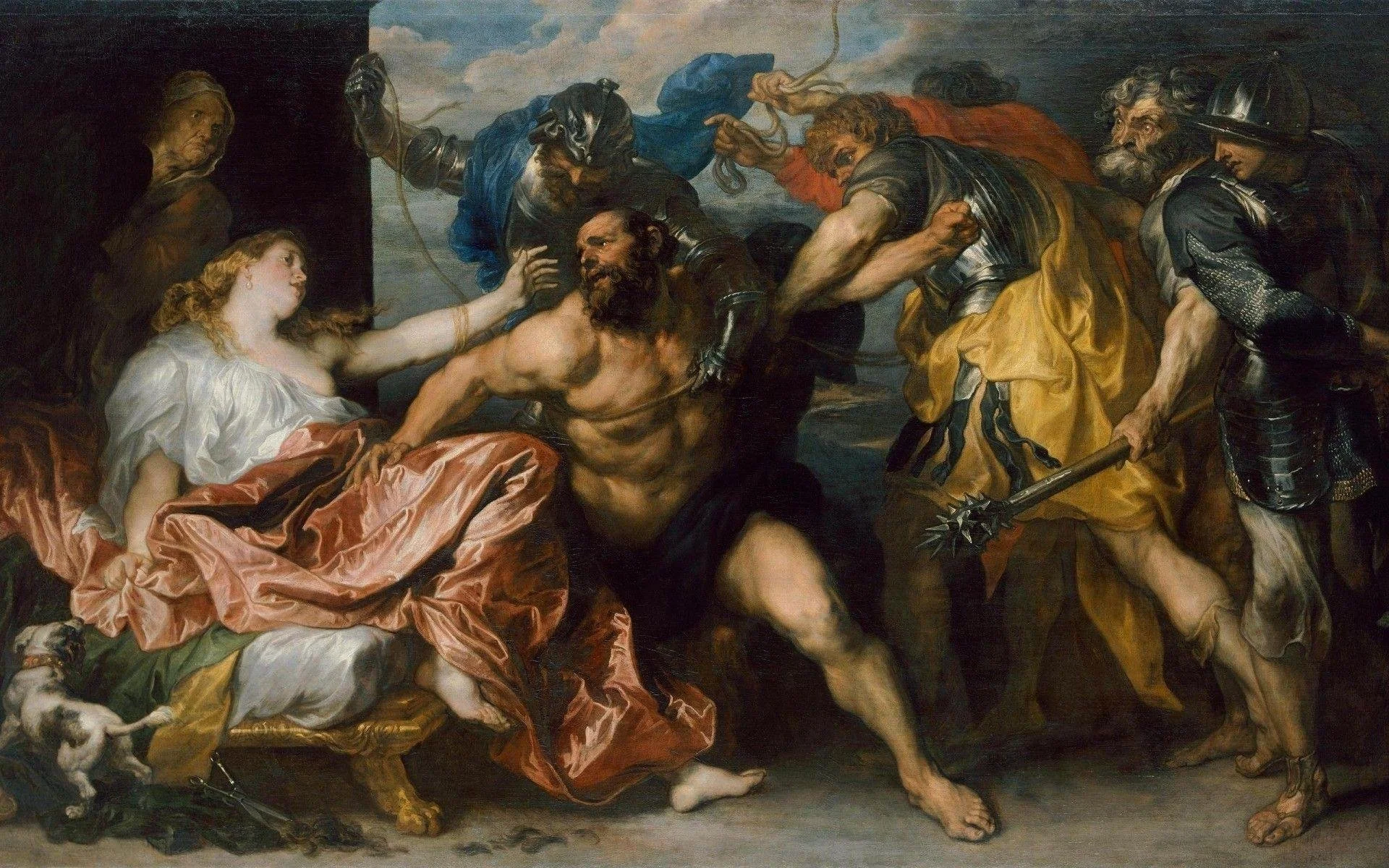 A classical painting depicting a dramatic scene with several armored warriors confronting a subdued, partially clothed woman sitting on a couch, with a small dog at her feet, and a man with a weapon approaching from the right.