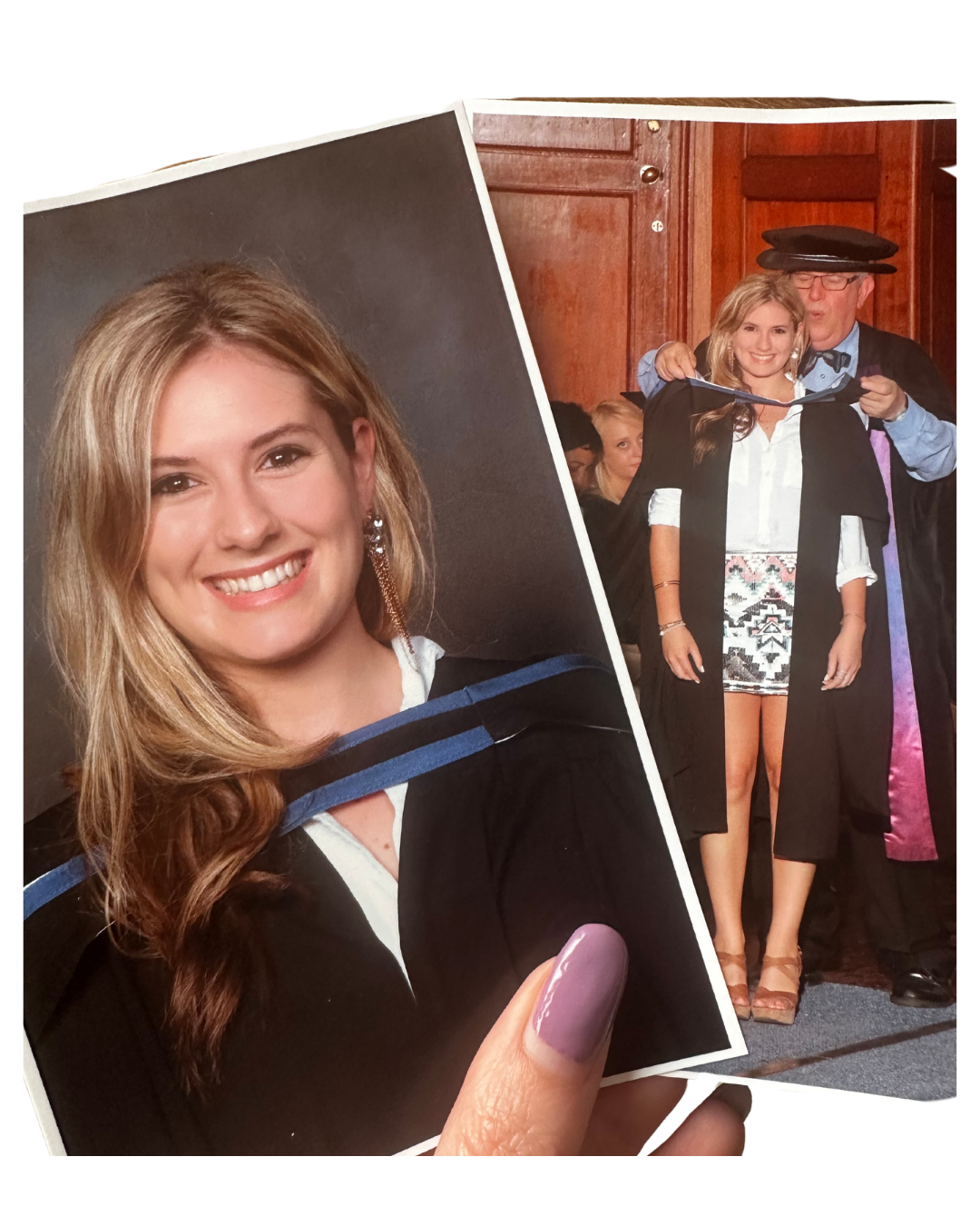 A woman holding a graduation photo of herself in her graduation gown and a traditional dress, smiling on stage with a person in academic regalia placing a hood around her neck.