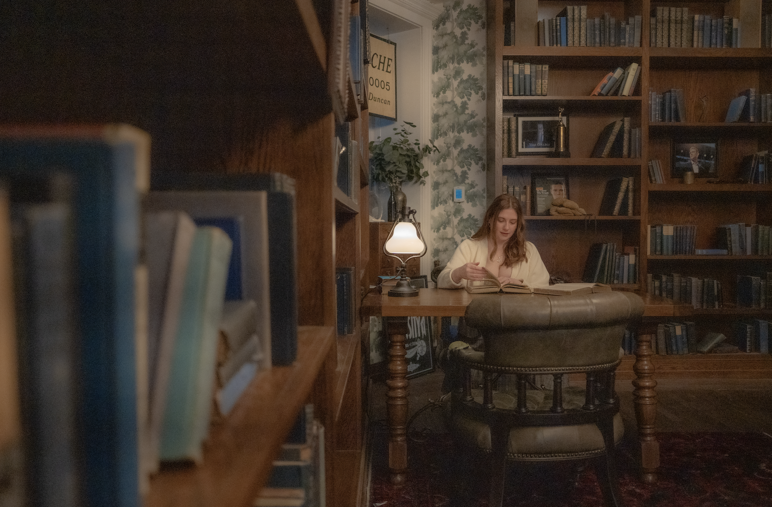 A young woman with brown hair sitting at a wooden table in a cozy library or study room, reading a book. The room has built-in bookshelves filled with books, a framed picture, and a small decorative trophy. Warm lighting comes from a table lamp, and there's a leafy wallpaper pattern on the wall behind her.