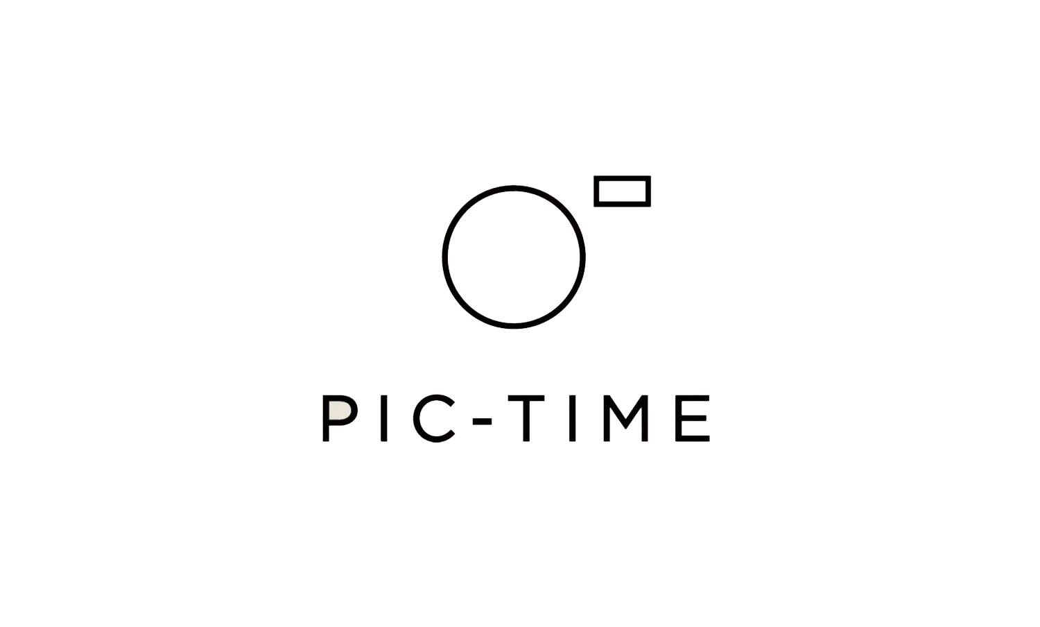 Black background with a camera icon, the words "PIC-TIME" underneath, and a small rectangle near the top right.