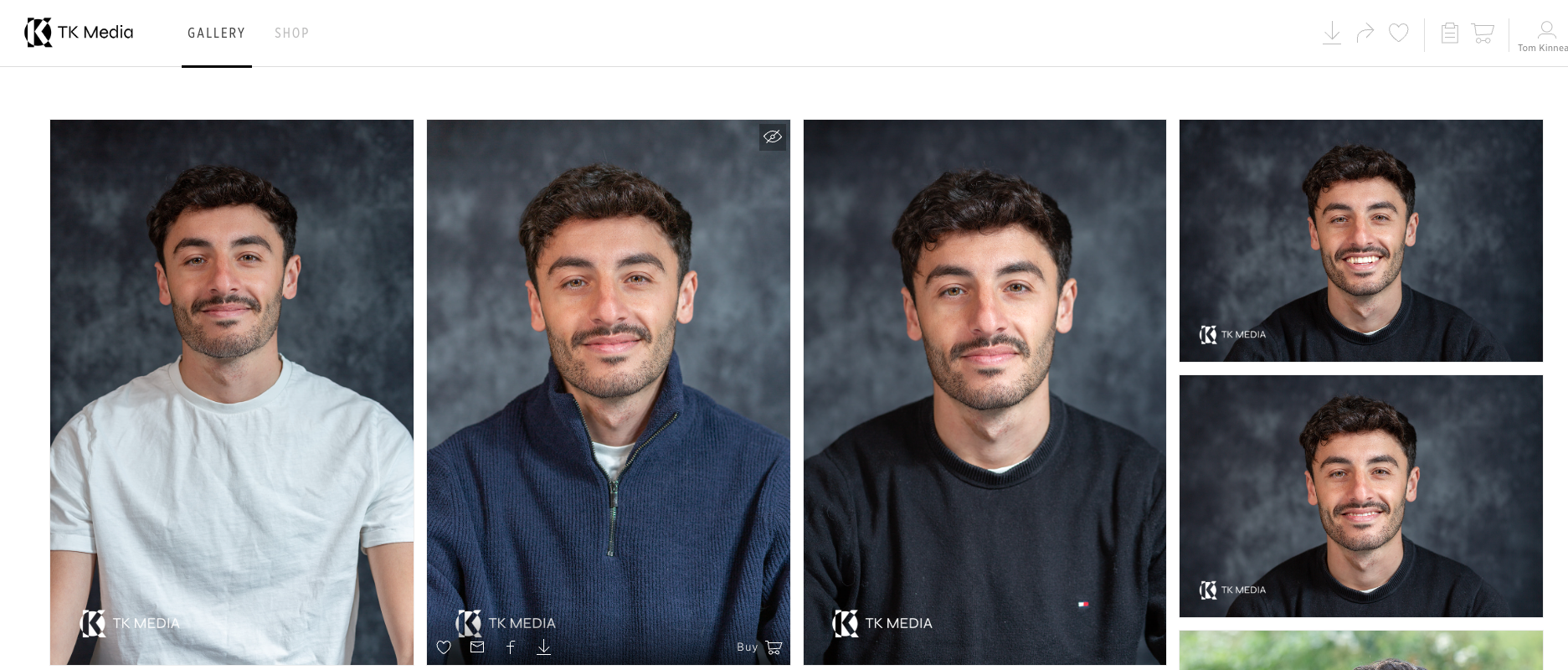 Gallery of five portraits of a young man with dark, curly hair, and a stubbled beard, wearing different casual tops against a dark, textured background, with a logo and social media icons at the bottom left.