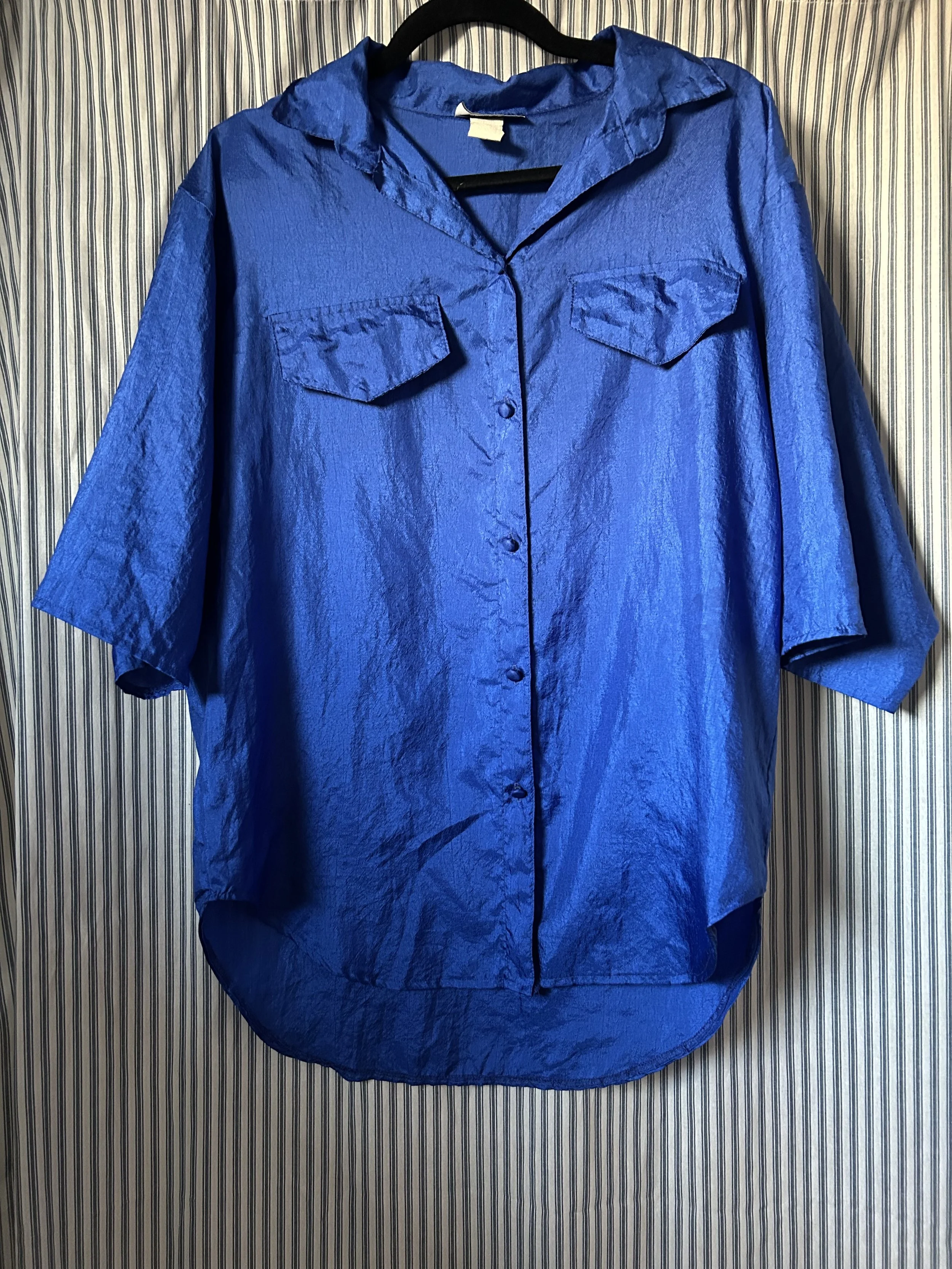 80's/90's Metallic Short Sleeve Shiny Blue Button Up Shirt