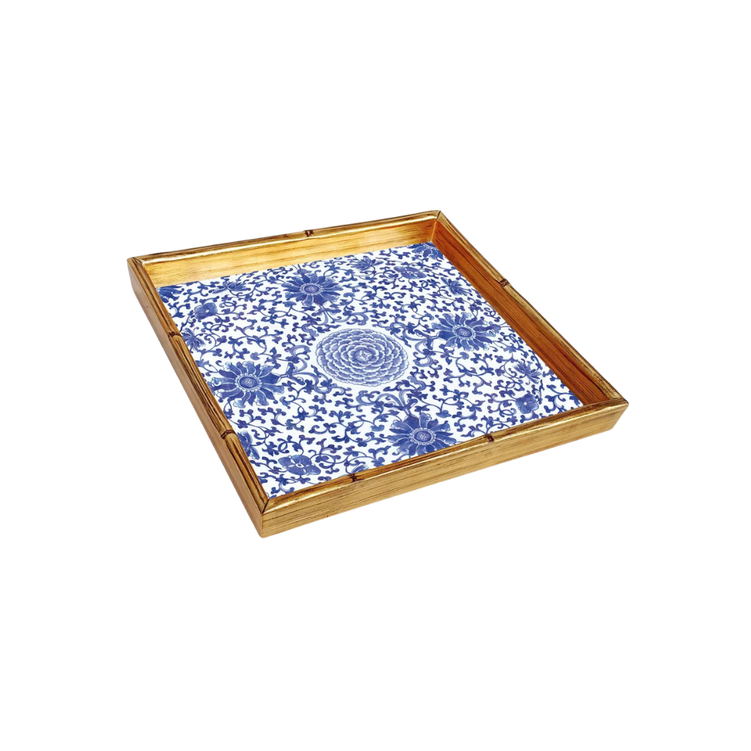 Indigo Garden Blue/White Bamboo Edge Square Lacquer Tray