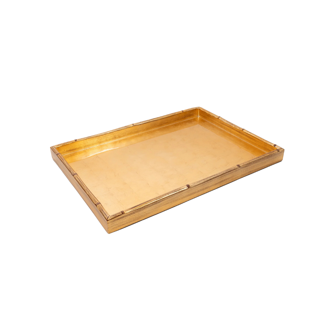 Gold Leaf Bamboo Edge Large Lacquer Rectangle Tray