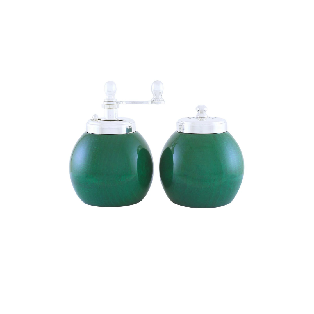 GREEN WOOD AND SILVER-PLATED BRASS SALT SHAKER AND PEPPER GRINDER | Chiarugi 1952