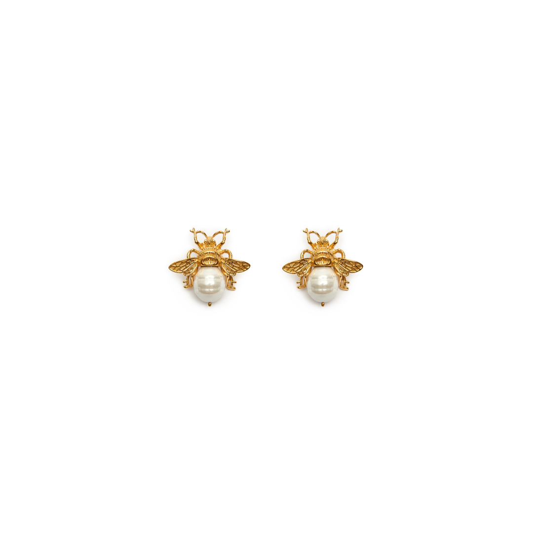 Gold-Plated Silver Bee Earrings with Baroque Pearls