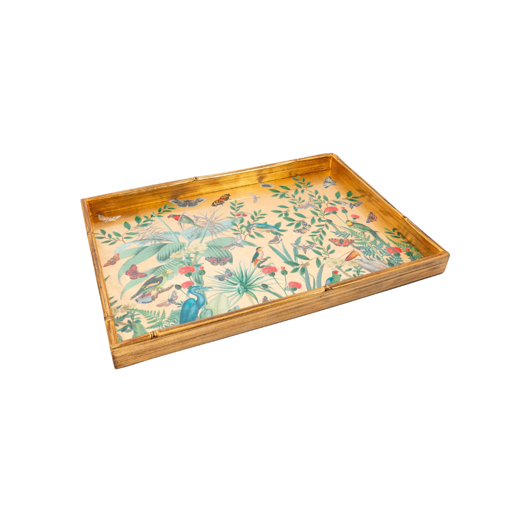 Golden Aviary Bamboo Edge Large Lacquer Rectangle Tray