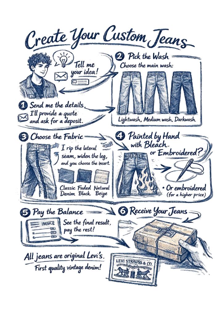 A step-by-step guide to customizing Levi's jeans, featuring illustrations of checking stock, choosing styles, trying on jeans, paying, and receiving the jeans in a box.