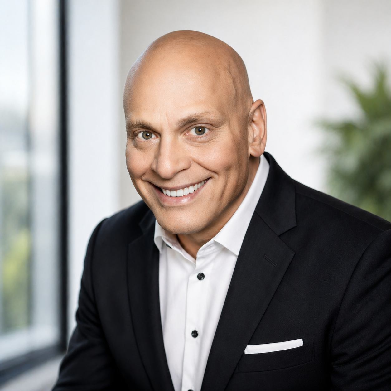A smiling man with a shaved head wearing a black suit and white shirt, posing indoors near a window with blurred plants in the background.