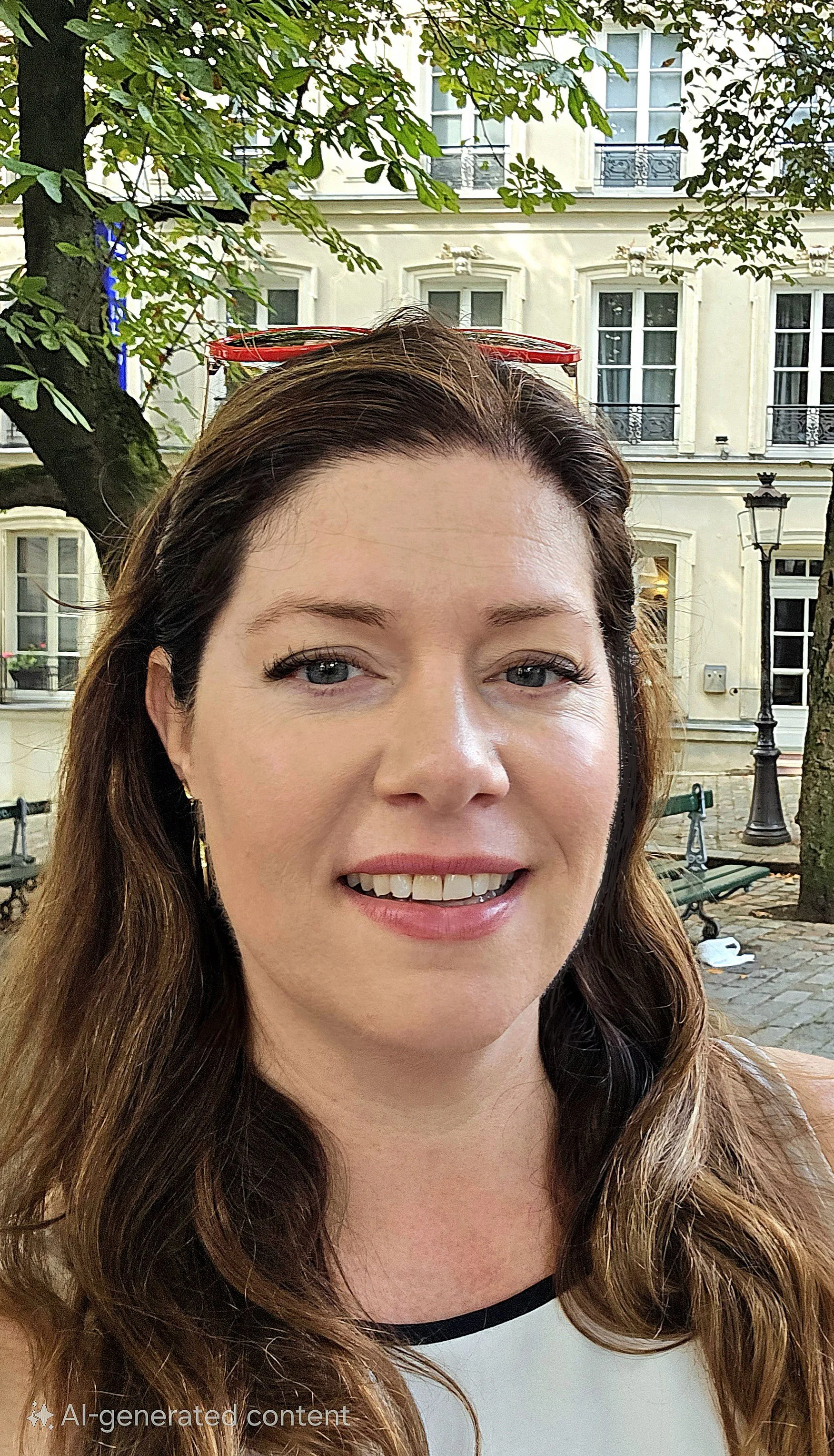 Close-up of a smiling woman with long brown hair, wearing earrings, with apartment buildings and benches in the background.