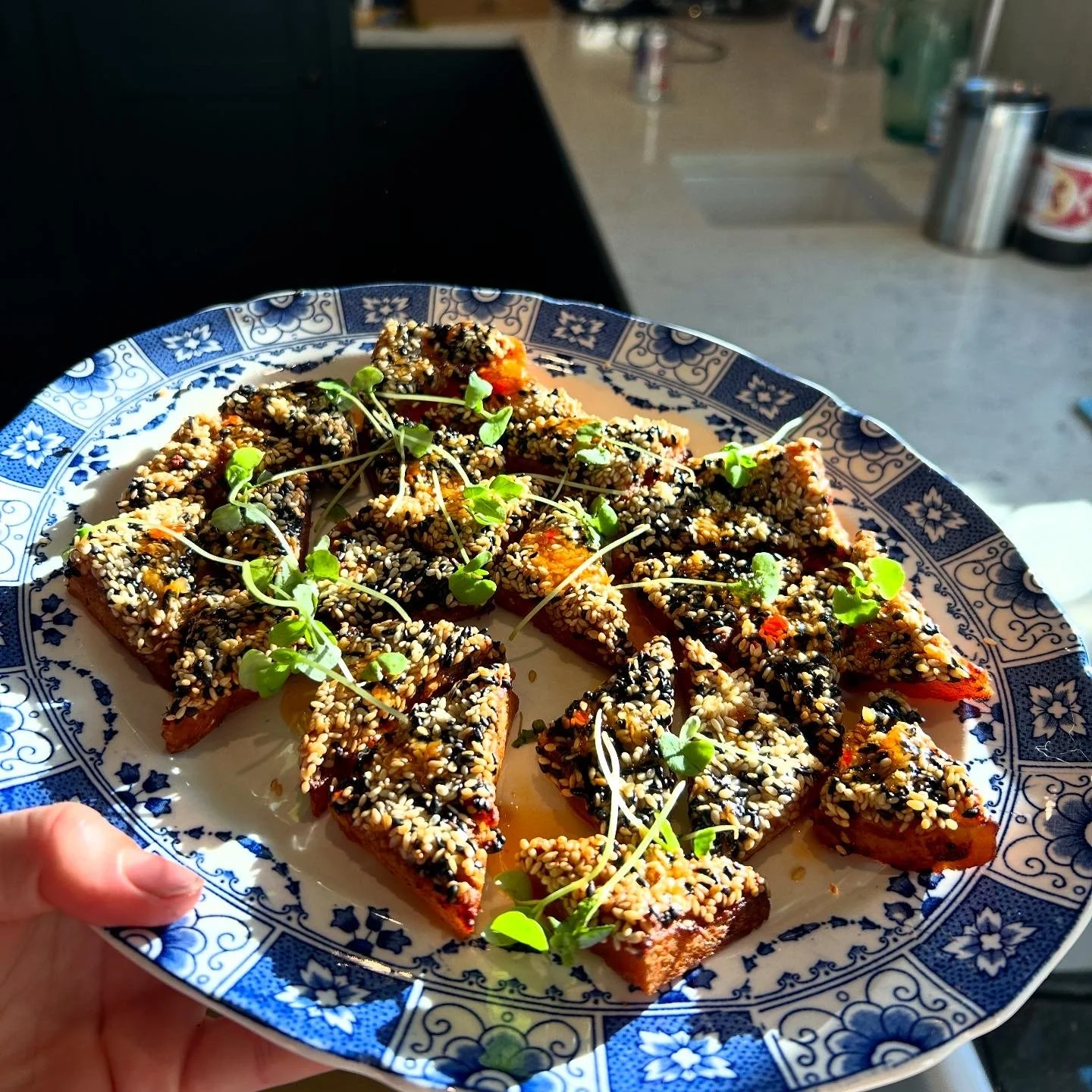 Plate of oven-baked salmon topped with black and white sesame seeds, garnished with microgreens, with a floral blue and white patterned border.