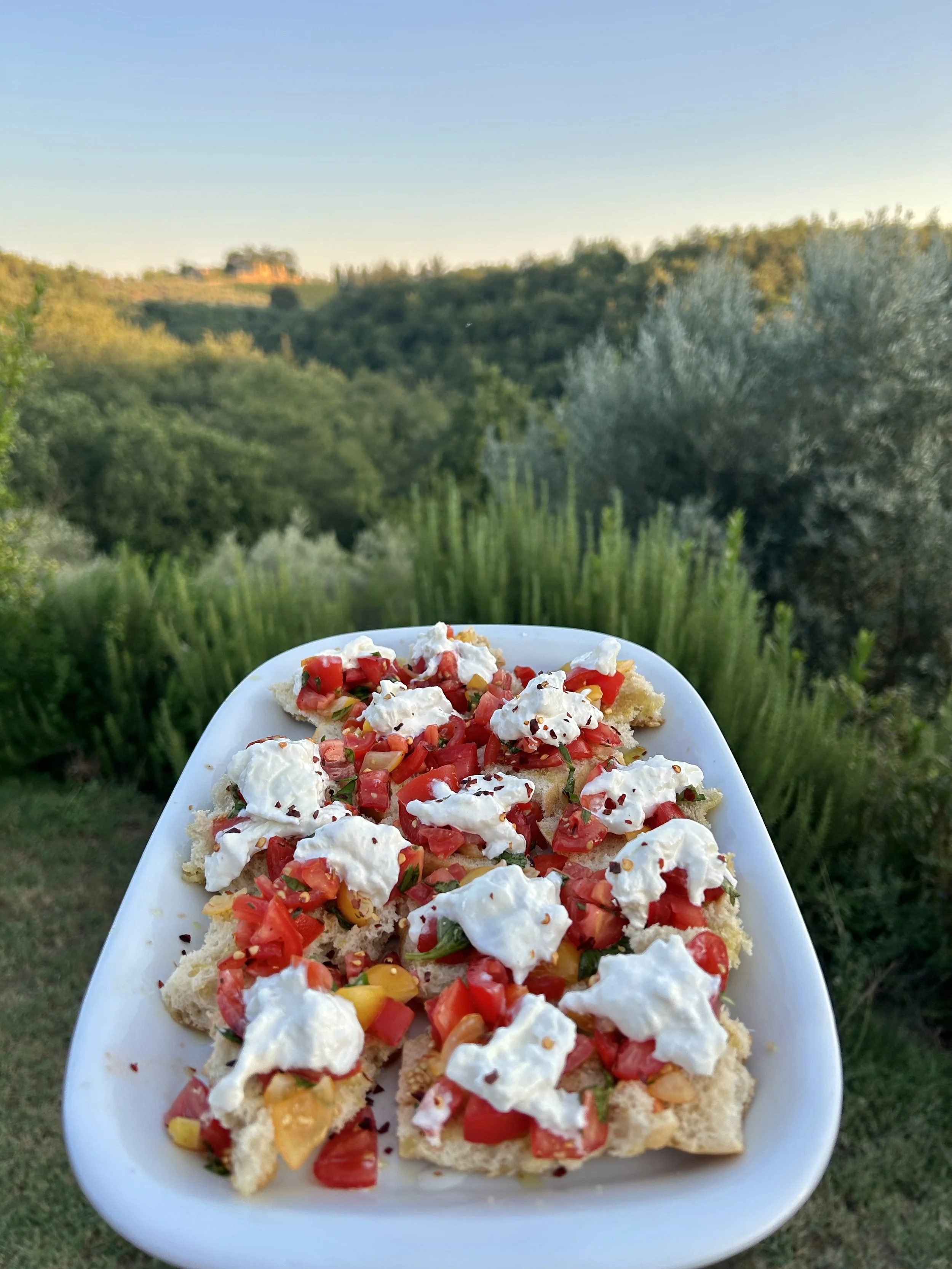 A plate of tomato and mozzarella salad on a white plate outdoors with a scenic green landscape and hillside in the background.