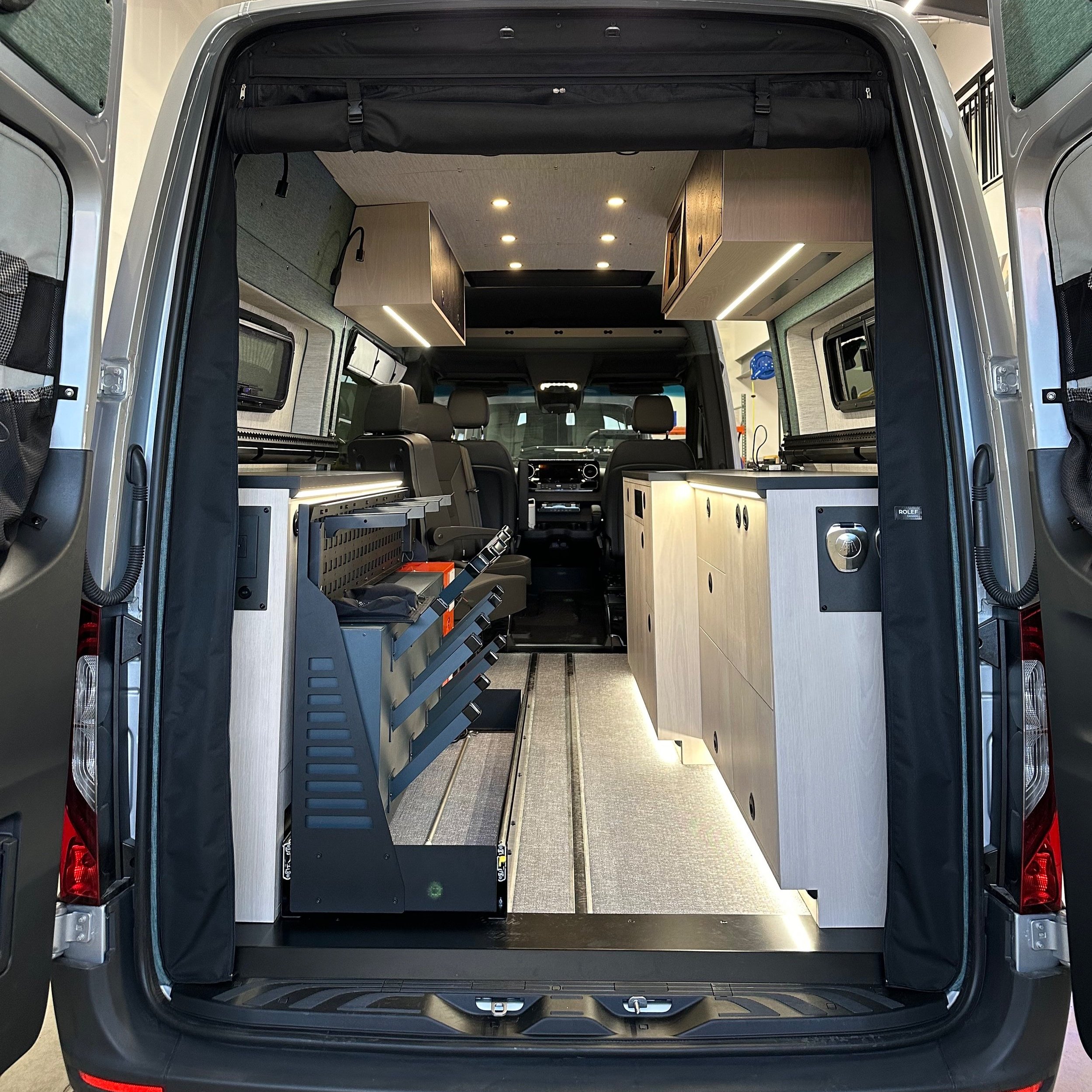 Interior view of fully custom-built 144 Sprinter featuring SmartFloor installation