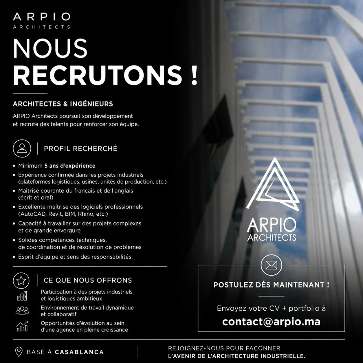 We&rsquo;re Hiring | ARPIO Architects

ARPIO Architects is expanding and looking for talented Architects and Engineers to join our team.

Requirements:
&bull; Minimum 5 years of experience
&bull; Proven experience in industrial projects (logistics pl