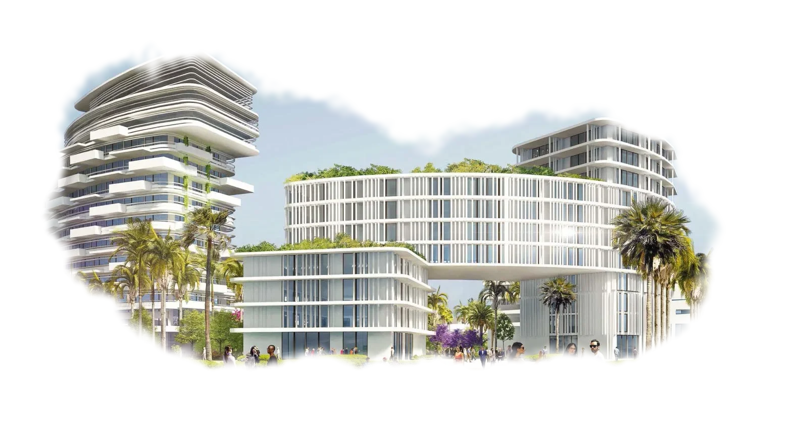 Render of white mixed-use towers with roof gardens, palm trees and a public square