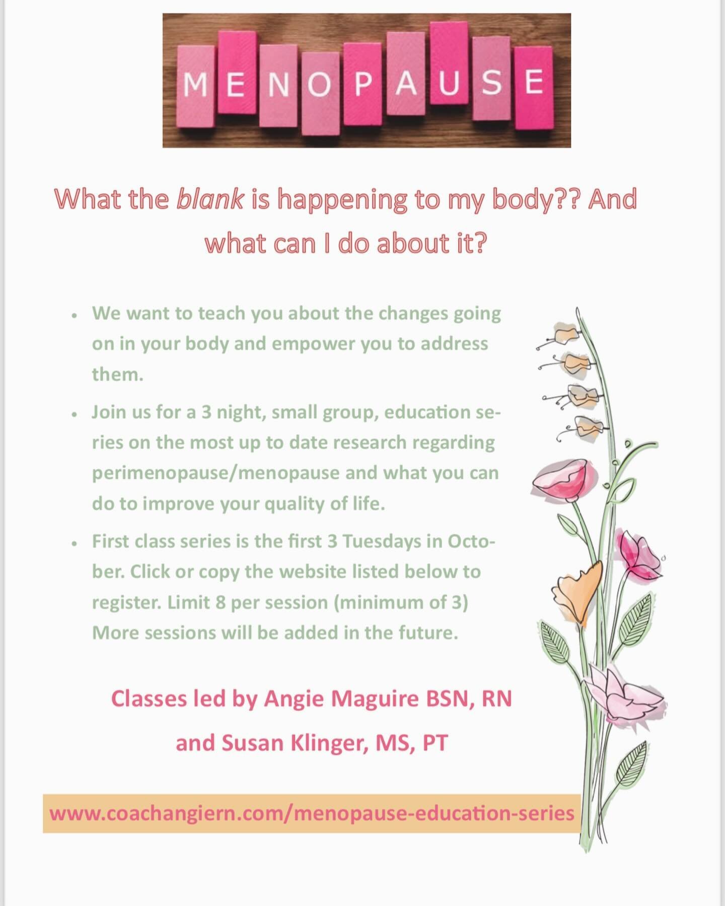 Chicagoland friends in midlife: 
Join @susan_kpt and me for Menopause Education Tuesdays in October: 1st, 8th and 15th
In person, downtown OP. Dr. Hannah Nikolich @bhealthcares will join us on the 15th to talk about Pelvic Floor Health. Our objective
