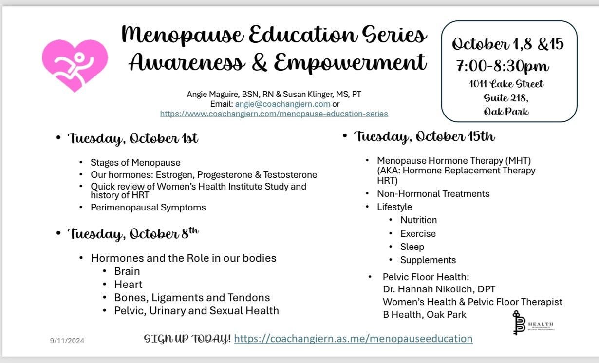 Chicagoland friends! Please share with your fav women friends and family in midlife: Menopause Education: Awareness &amp; Empowerment! Here&rsquo;s our 3-part Ed series for you to review! Sign up today, limited spots available. Tuesdays in October! @