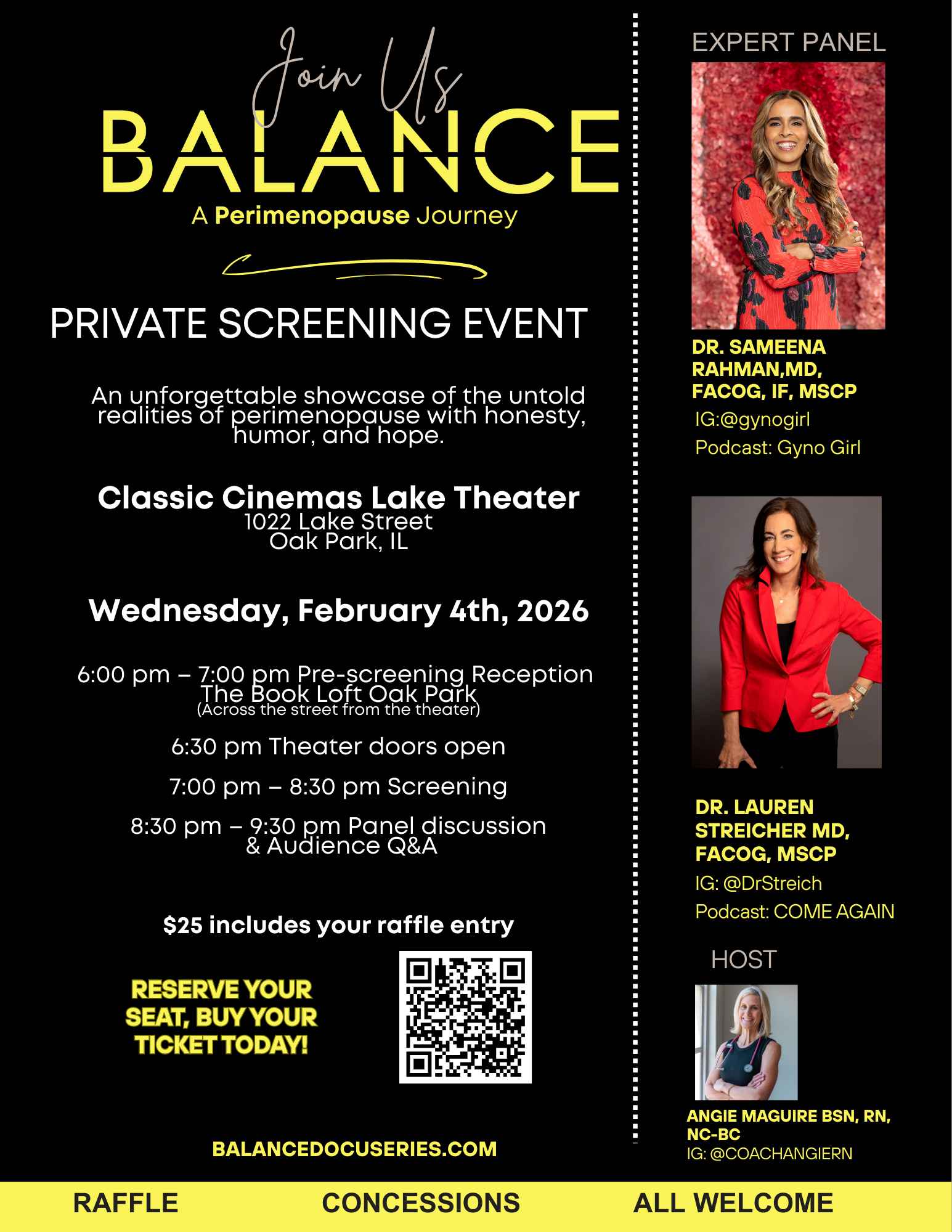 Event poster for a private screening titled 'Join Us For a Perimenopause Journey'. The event is at Classic Cinemas Lake Theater in Oak Park, Illinois, on February 4th, 2026. It features expert panelists Dr. Sameena Rahman, Dr. Lauren Streicher, and host Angie Maguire, RN, with photos of each. The poster includes details about the schedule, ticket price, and reservation QR code.