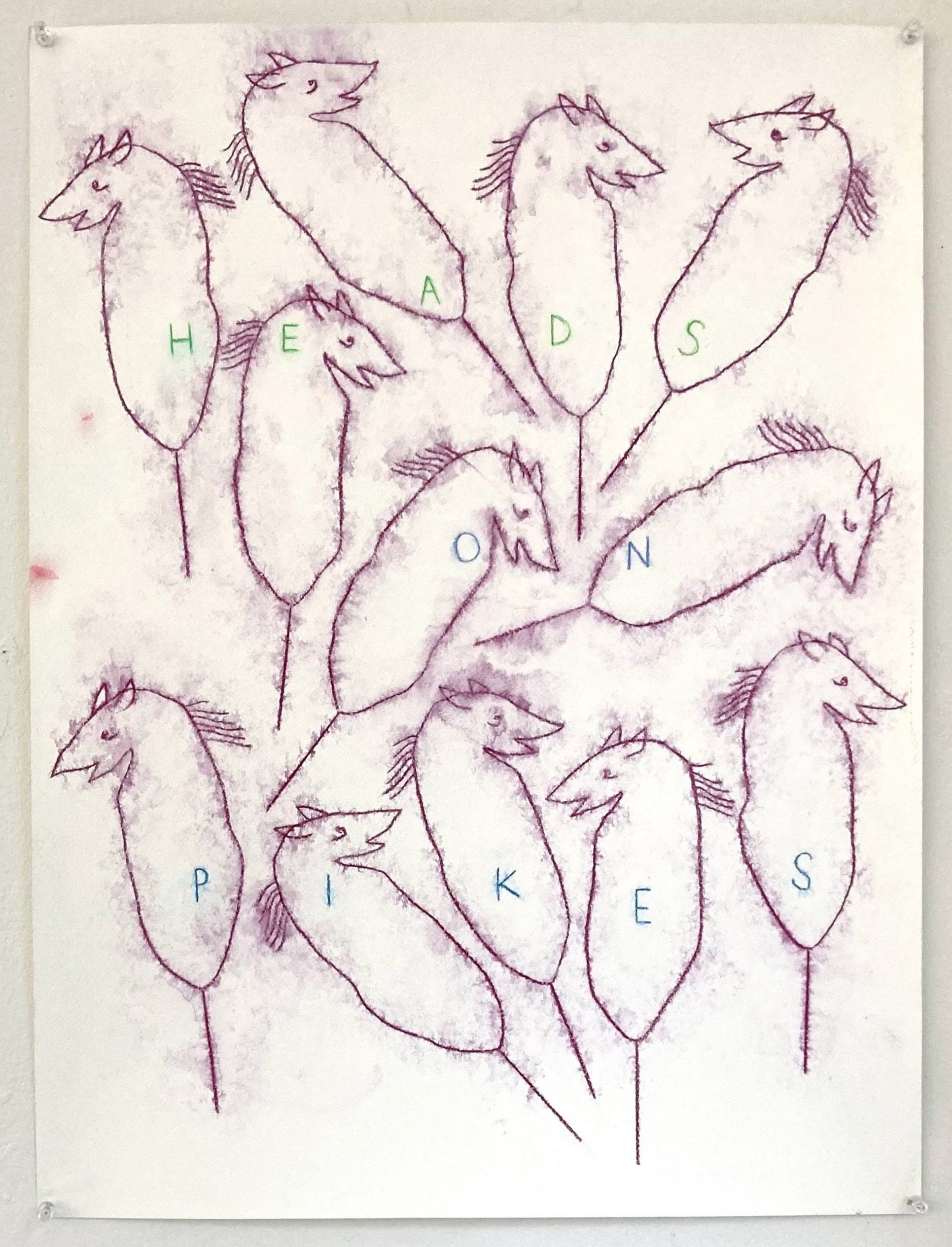 Heads on Pikes, 2023, watercolor pencil on paper, 24 x 18 in.
