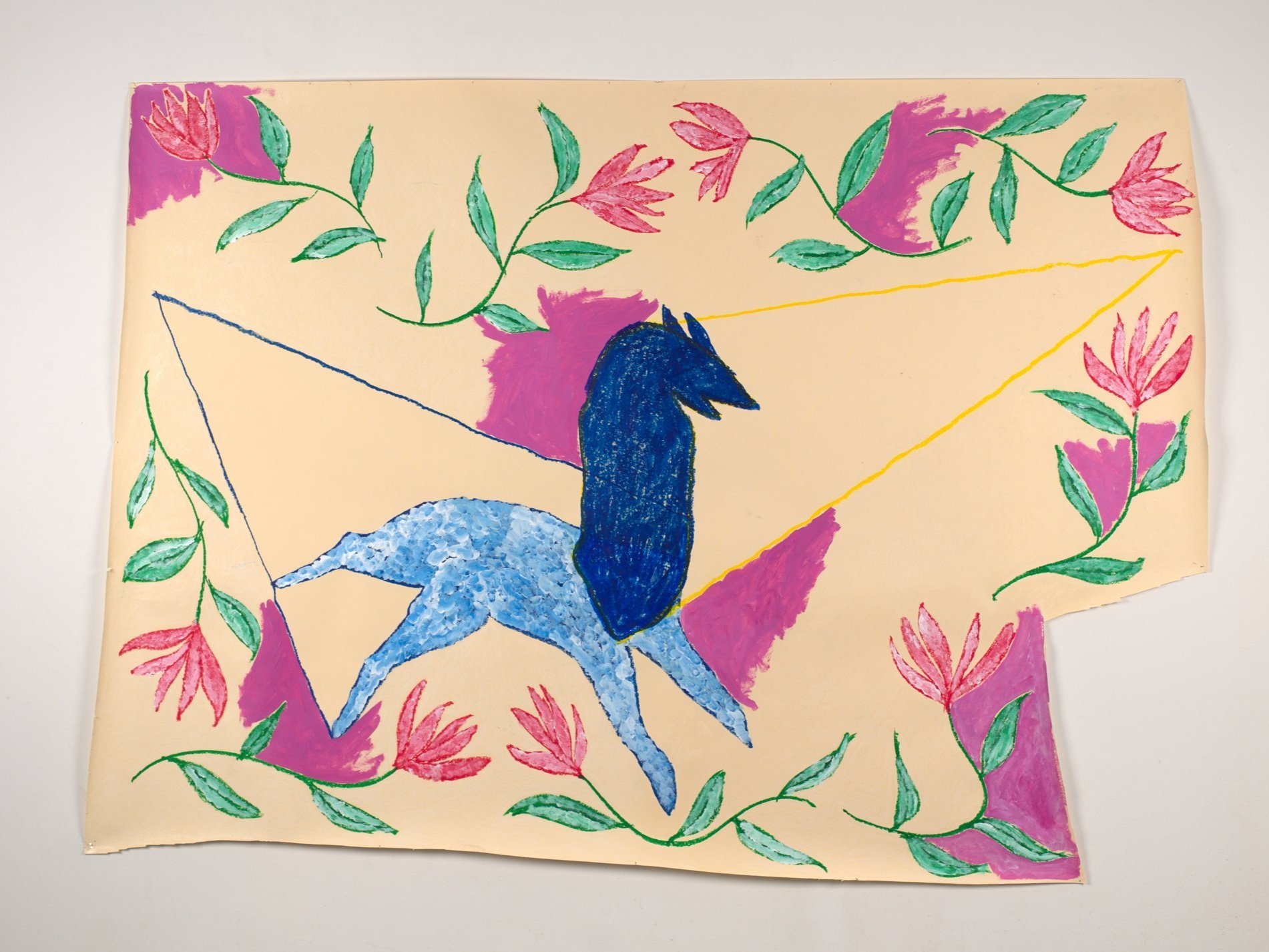 Lone Wolf(?), 2023, acrylic, acrylic paint stick, and crayon on paper, 60 x 84 in.