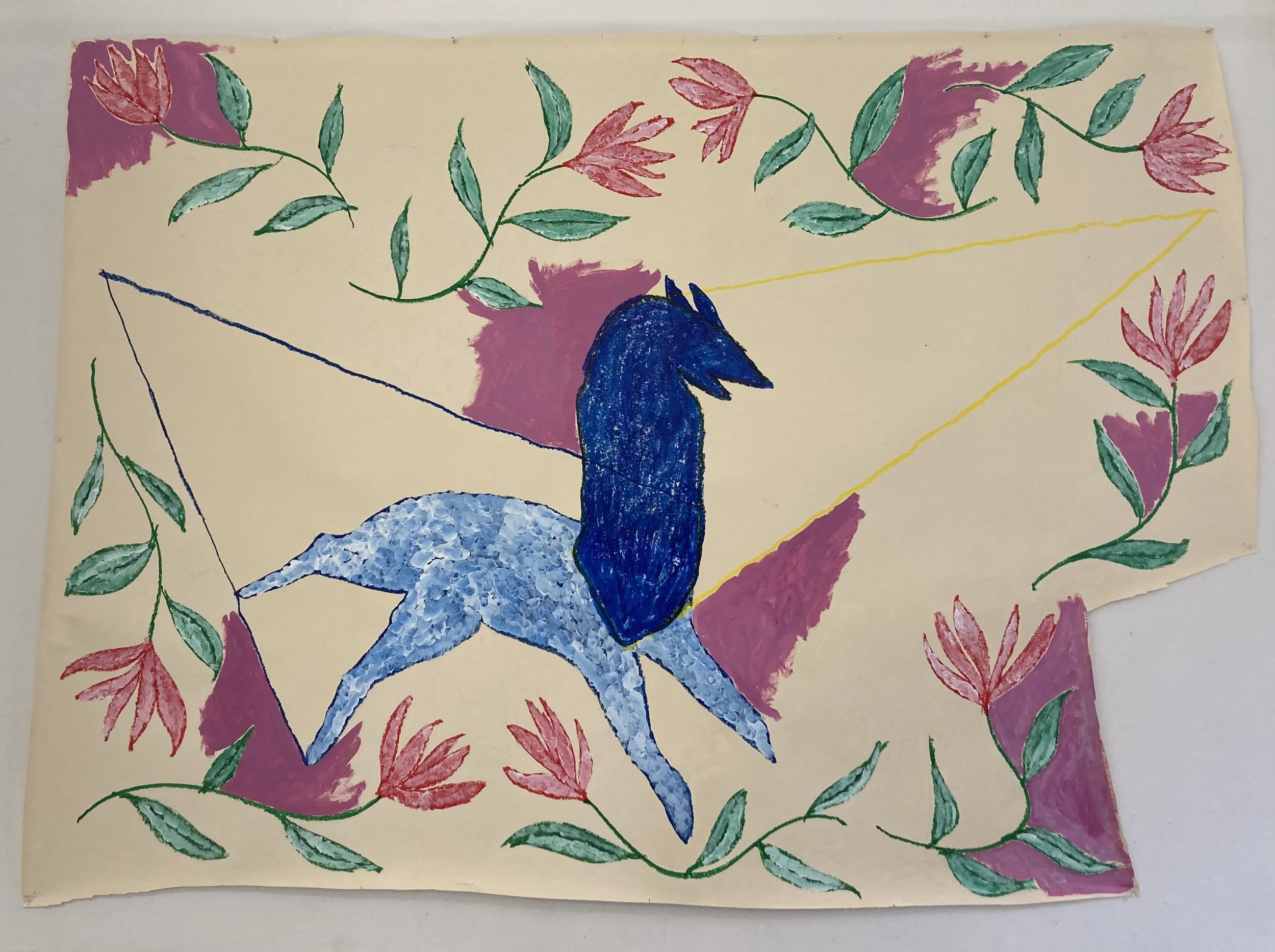 Lone Wolf(?), 2023, acrylic, acrylic paint stick, and crayon on paper, 60 x 84 in.