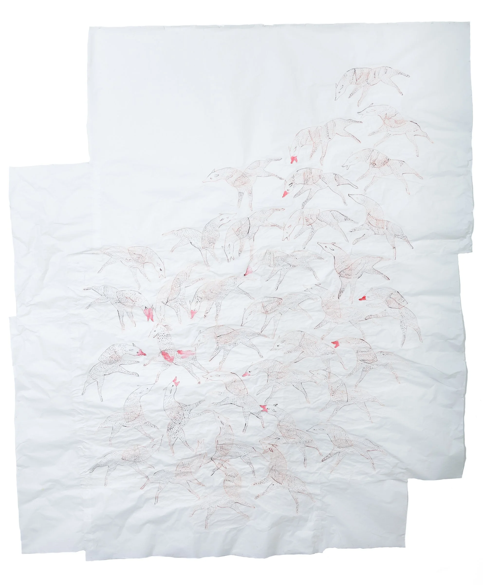 Hunt, 2023, mixed media on vellum, 76 x 80 in.