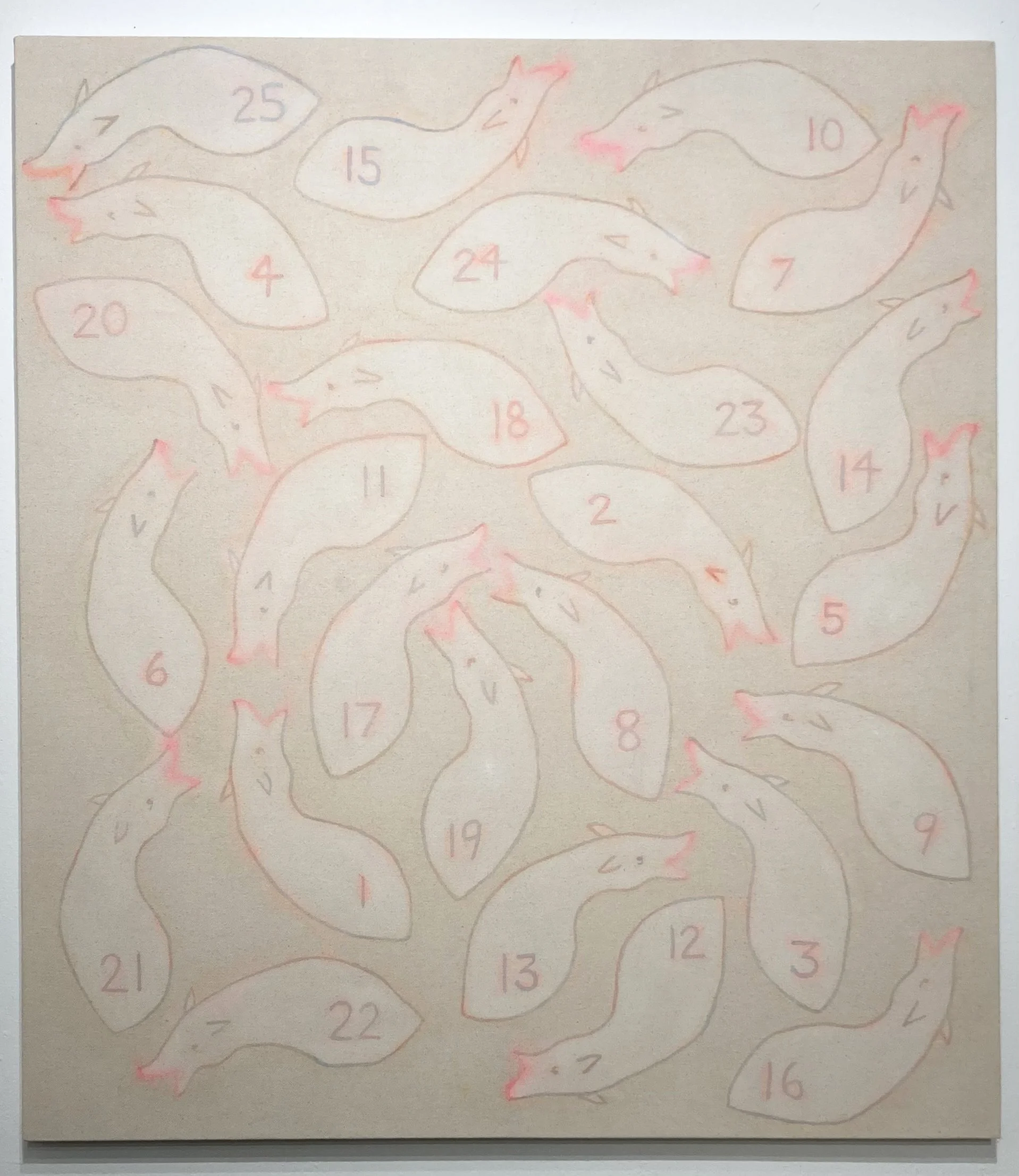 Headcount, 2024, chalk and acrylic on canvas, 36 x 32 x 1.5 in.