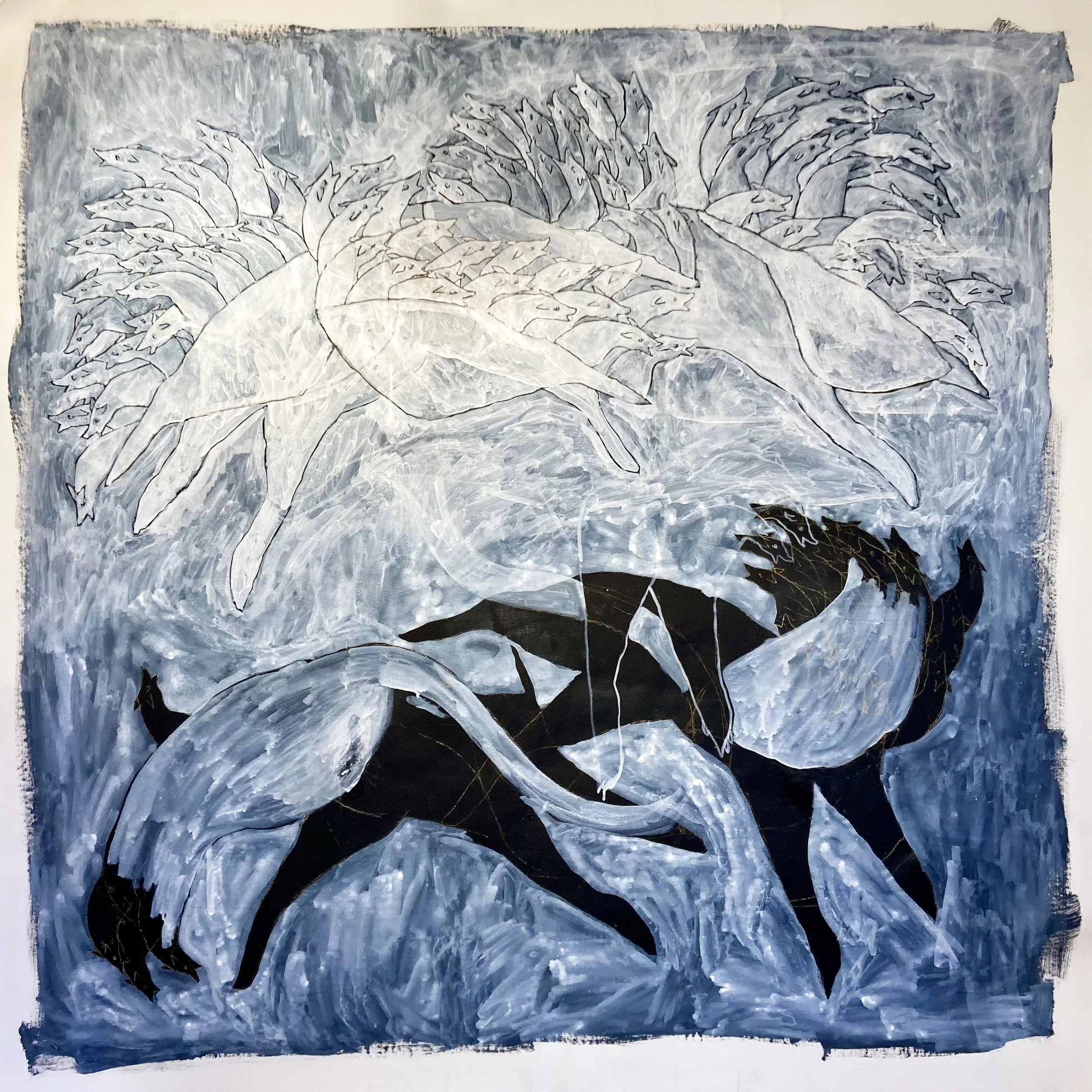 Megafauna, 2024, mixed media on paper, 74.5 x 71.5 in.